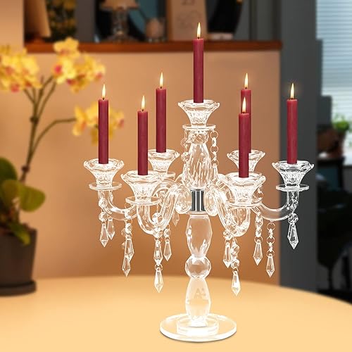 Miniatura 7 de Portavelas de cristal de 7 brazos, candelabro de cristal cónico de 14 pulgadas, portavelas transparente moderno para sala de estar, aparador y