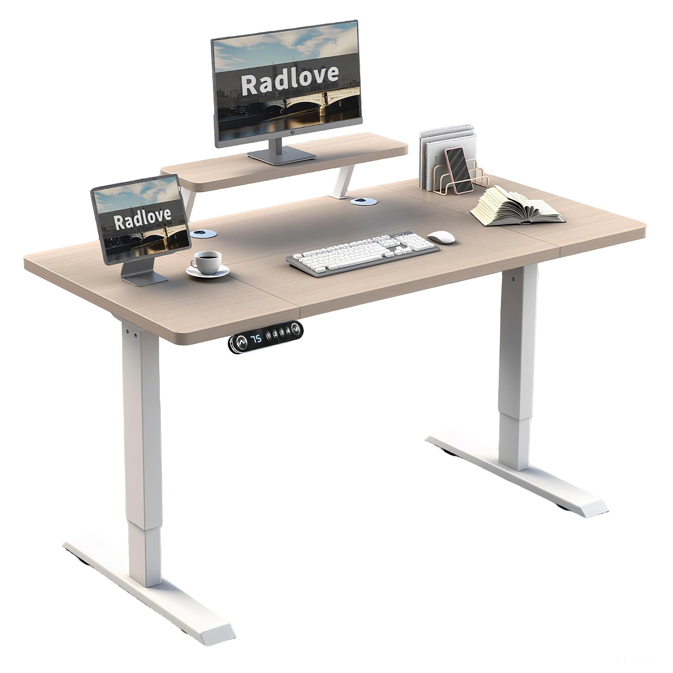 Radlove Scrivania elettrica regolabile in altezza, con 4 controlli in memoria e tecnologia anti-collisione (rovere+ripiano per monitor, 76 x 140 cm)