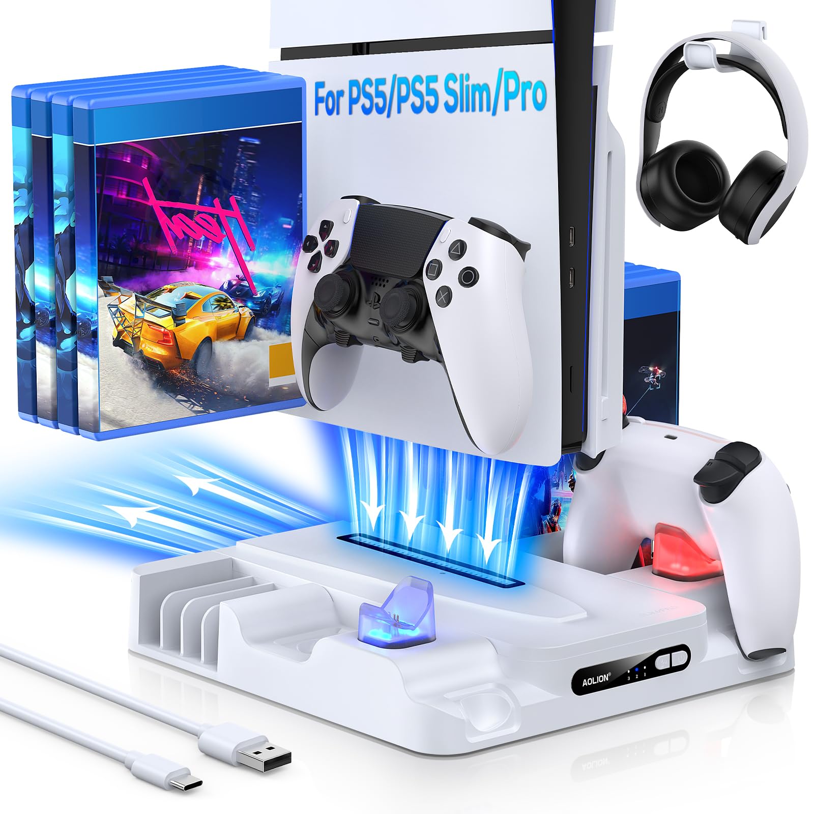 FASTSNAIL Support avec Ventilateur pour PS5/PS5 Slim/Pro Disc & Digital, Socle Compatible avec Playstation 5/Slim/Pro，Manette Chargeur Rapide pour DualSense/Edge, Accessoires pour PS5/PS5 Slim/Pro