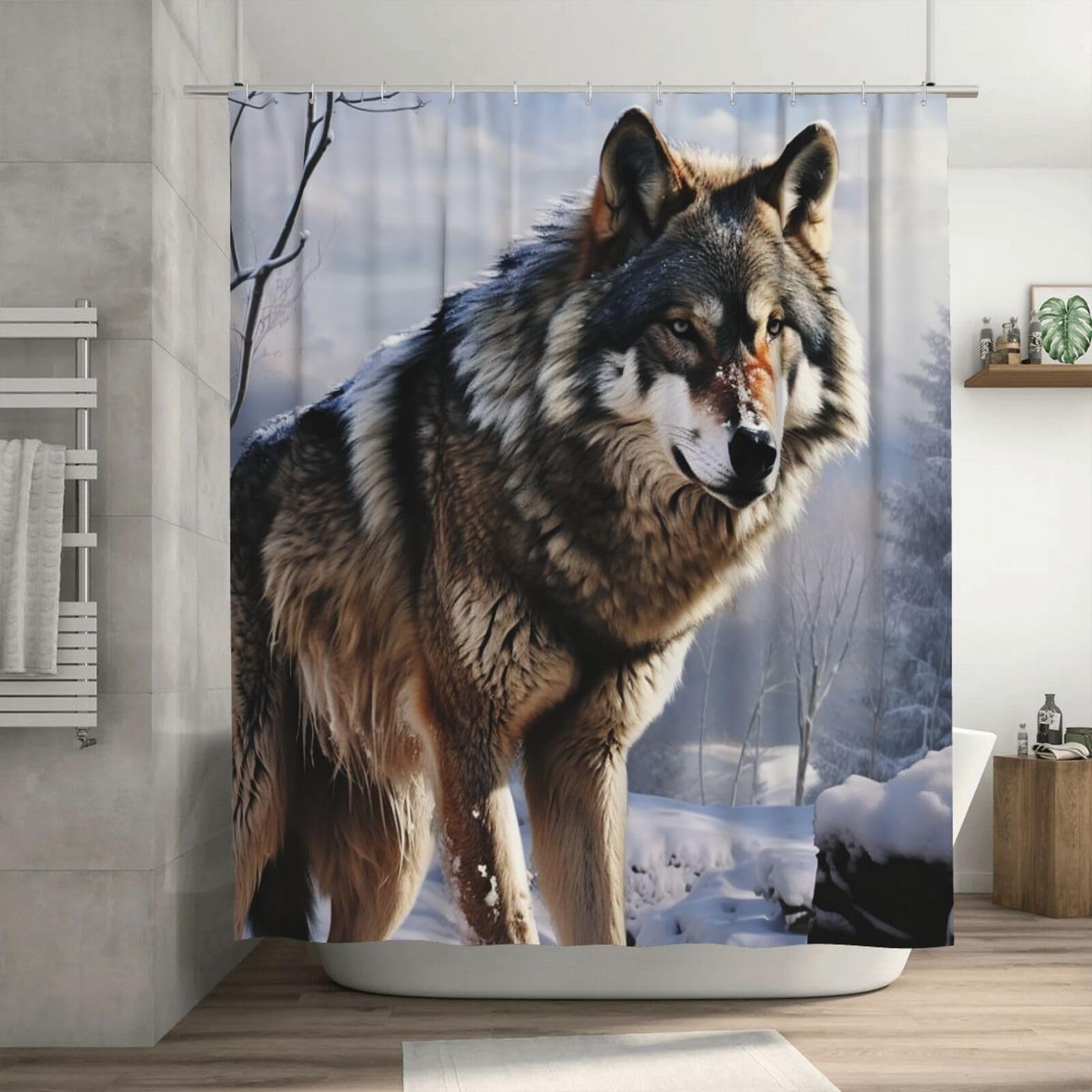 Rideau de douche loup dans la neige pour une ambiance chalet de montagne