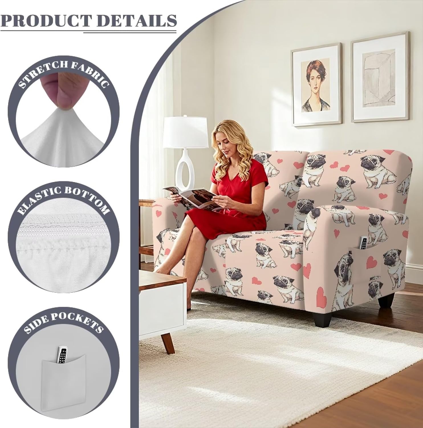 Pug Slipcovers for Recliner Loveseat, 6 Pieces Stretch Reclining Sofa Cover 2 Seats Couch Slipcover Elastic Polyester Furniture Protector Easy to Install