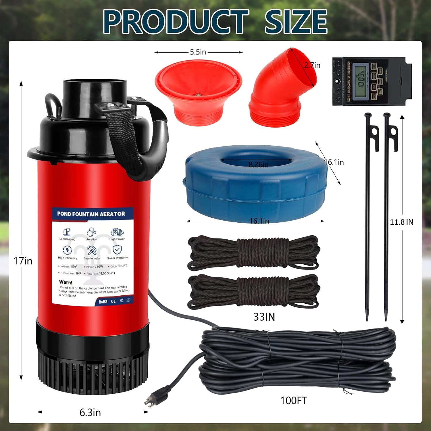 Pond Fountain Aerator - 1 HP Fully Automatic Pond Aerator - 750W, 110V, 15,000 Gallons/Minute, Multi-Function Timer - 100-Foot Power Cord - Suitable for Outdoor Large Ponds, Lakes, and Water Features