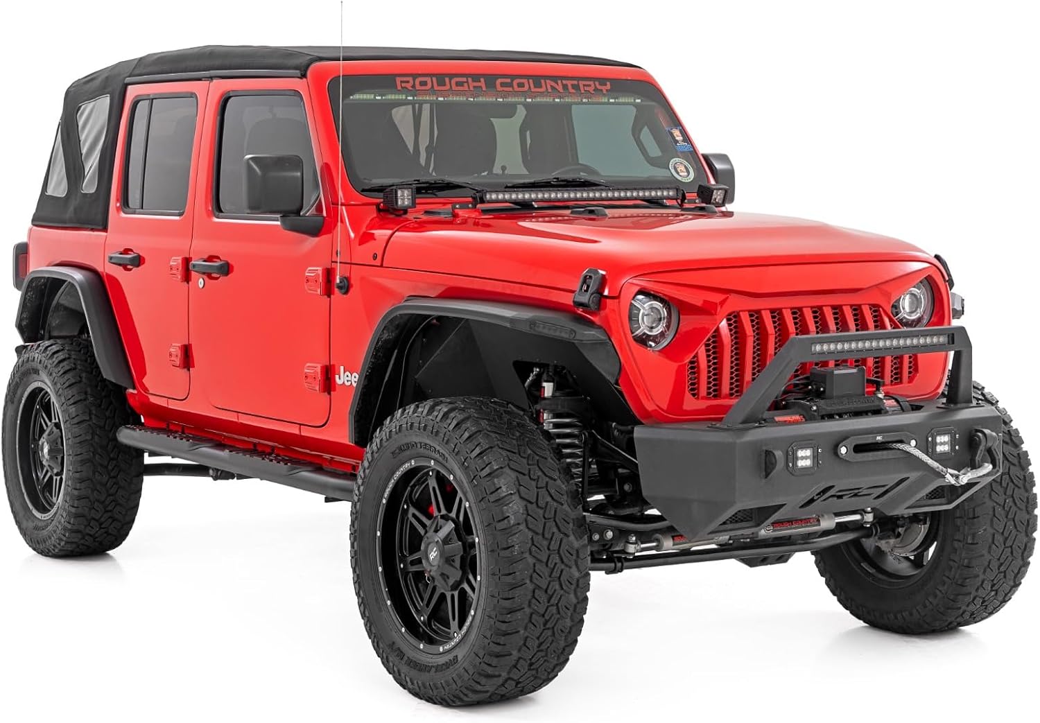 Rough Country Oval Nerf Steps for Jeep Wrangler Unlimited (2018-2025) 4-Door - OEM Style Rails with Built-in Side Steps
