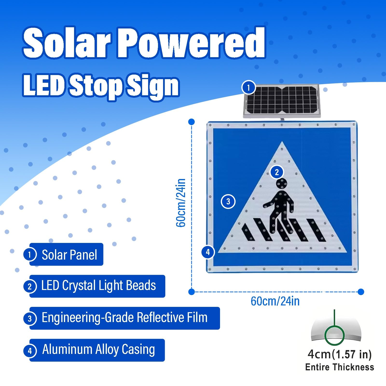 Señal Paso Peatonal Solar LED Cartel Luminoso Intermitente Ip65 Alta Visibilidad Para Seguridad Vial Escuelas Estacionamientos Zonas Urbanas Y Calles Transitadas(24in)