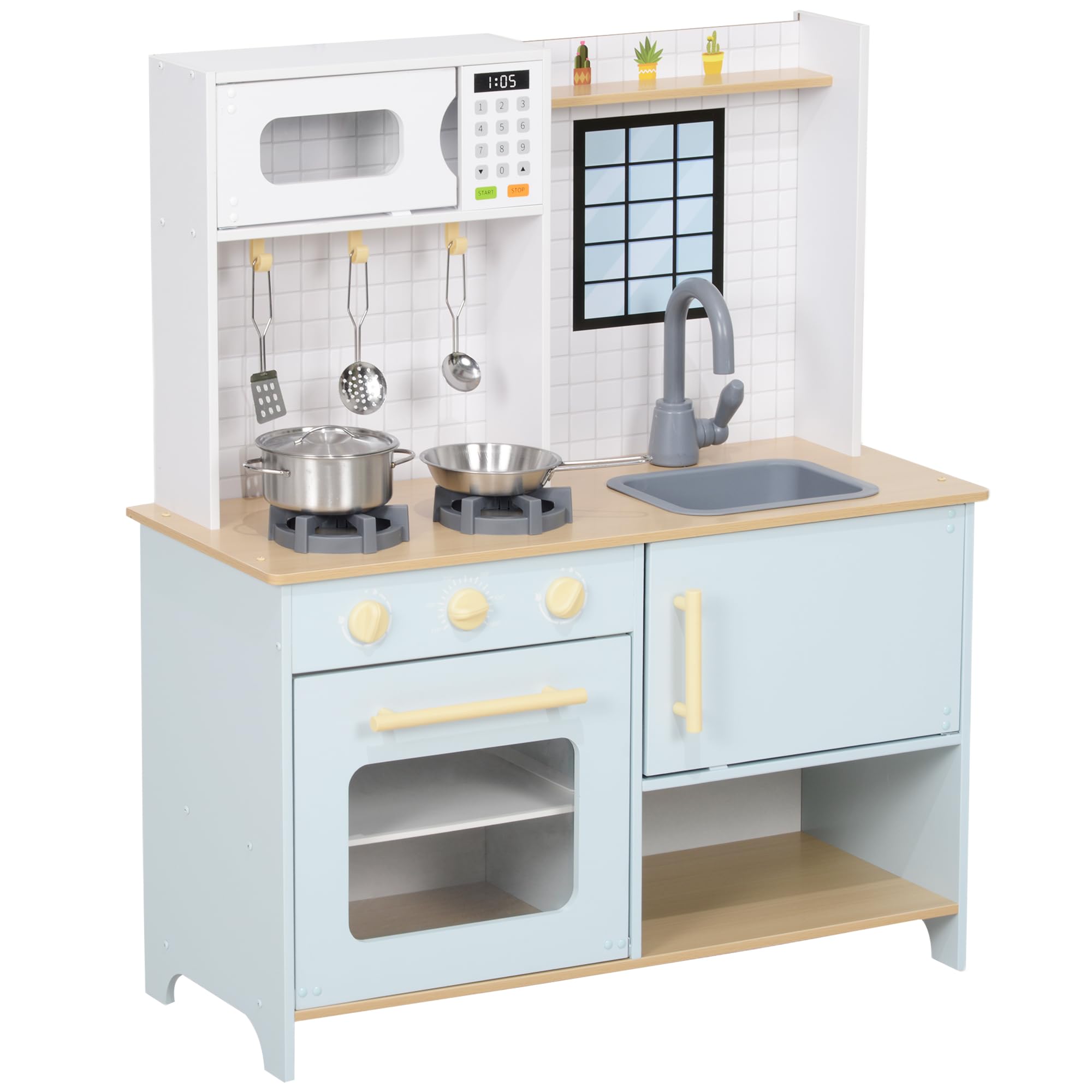 AIYAPLAY Cocina de Juguete para Niños +3 Años Cocina de Madera Infantil Cocinita Infantil con Sonido Fogón Horno Grifo Fregadero Microondas y Accesorios de Cocina Azul