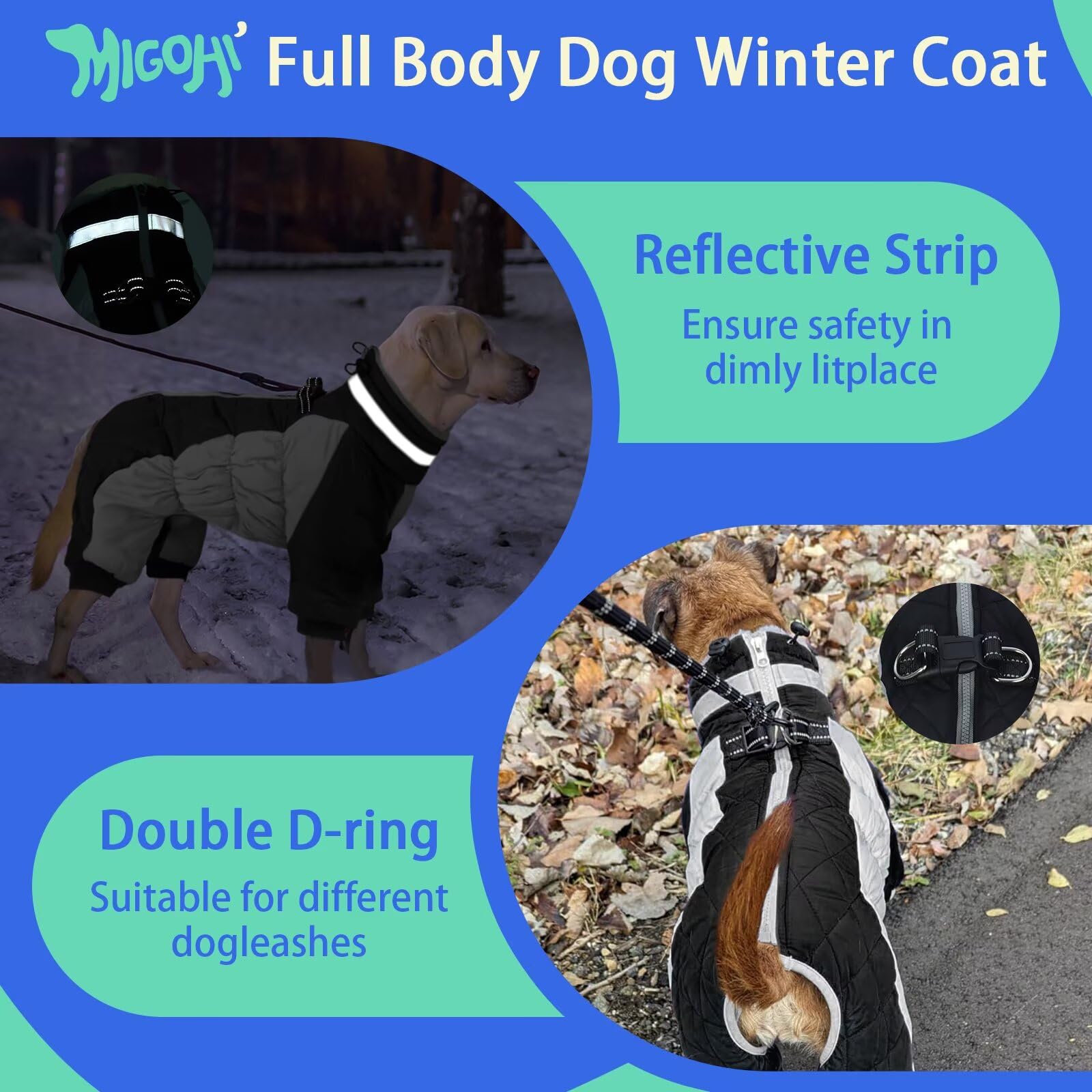 MIGOHI Abrigo de cuerpo completo para perro, abrigo de invierno cálido reflectante con arnés, chaqueta de forro polar de cuello alto para perros pequeños, medianos y grandes, traje de nieve