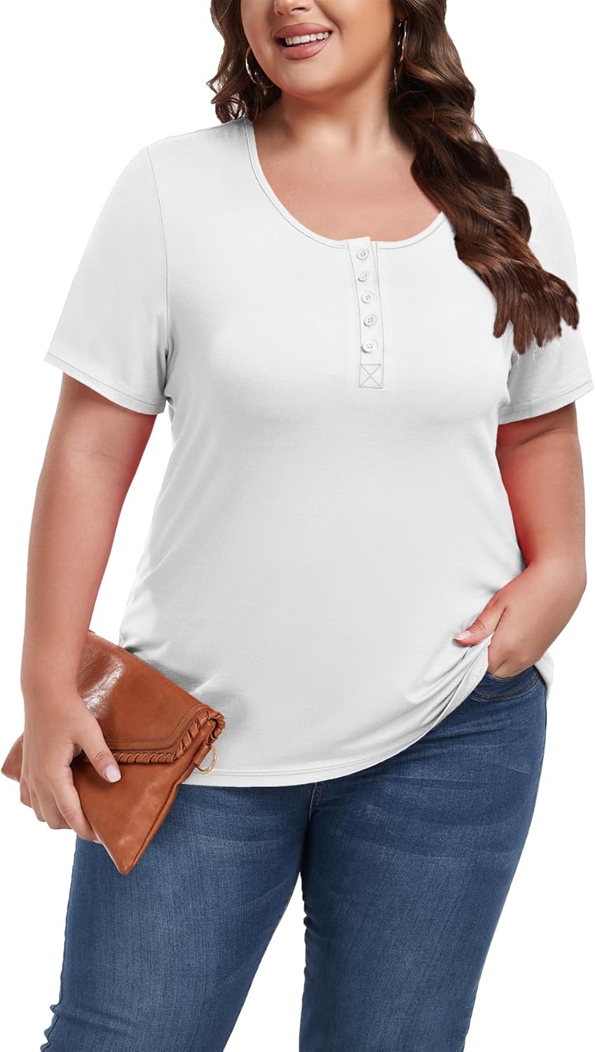 Women's Plus Size Shirt Short Sleeve Button Round Neck Top Basic Ladies Loose Fit T Shirt - Image 4