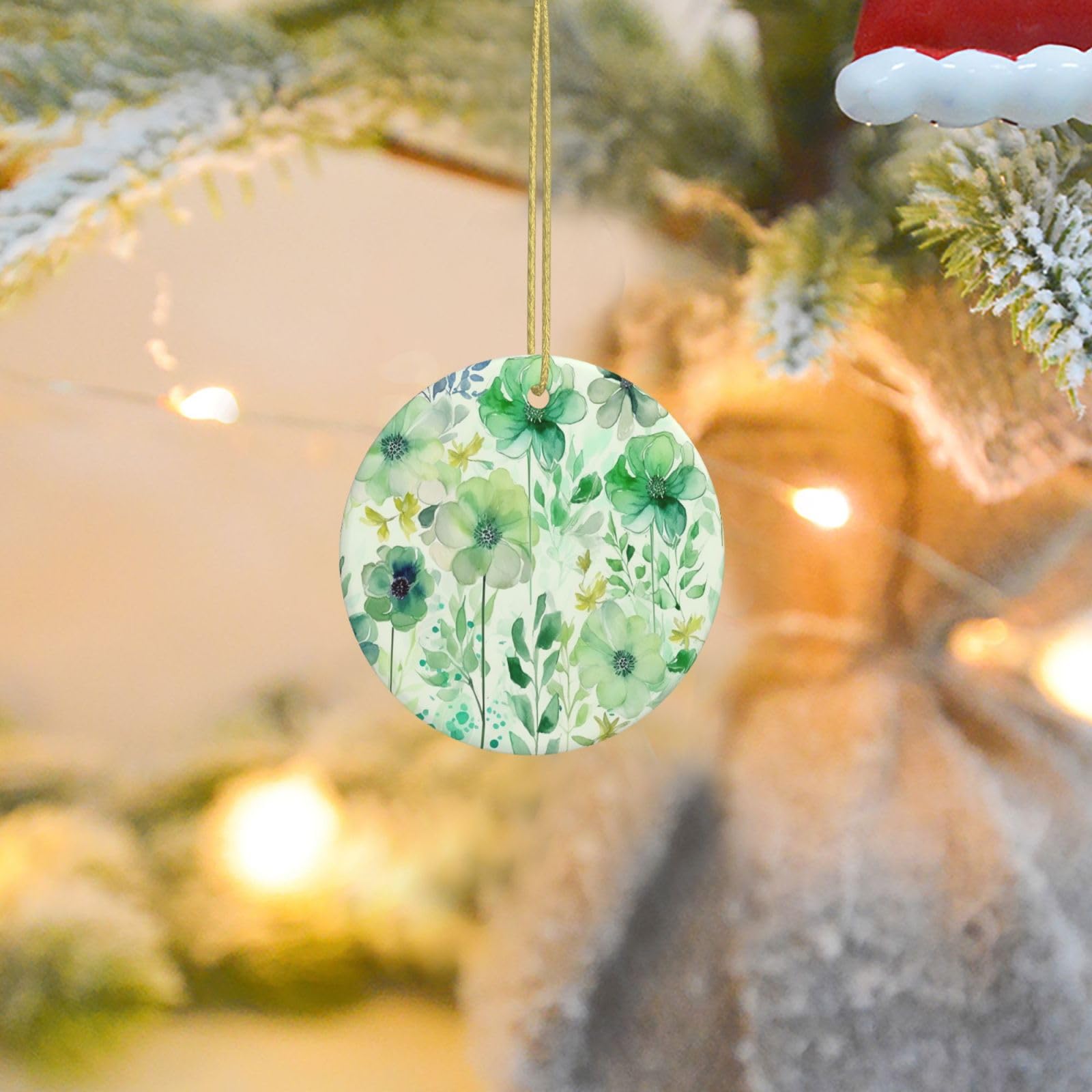 Christmas Tree Ornaments Ceramics Christmas Round Decorations Watercolor Green Flowers Ceramics Ornaments Circle Pentagram Xmas Tree Hanging Pendant for Christmas Tree Party Holiday Home Decor