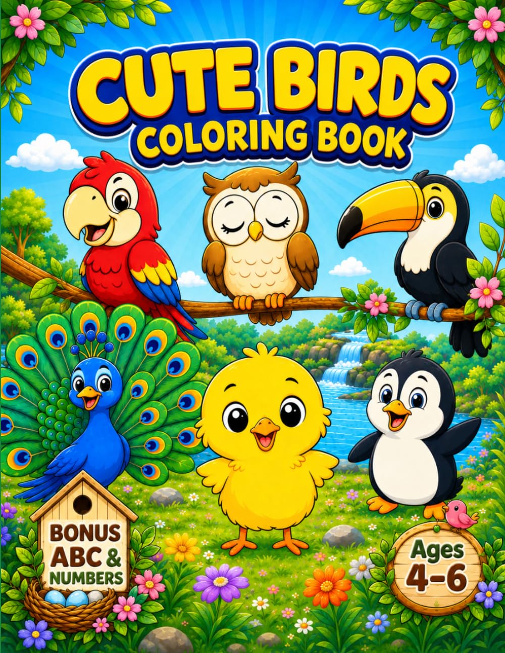 Cute Birds Coloring Book for Kids Ages 4–6: Parrots, Owls, Toucans, Peacocks, Penguins, Baby Birds & Bonus ABC Alphabet and Numbers Activities (Smash Kids Coloring & Learning Series)