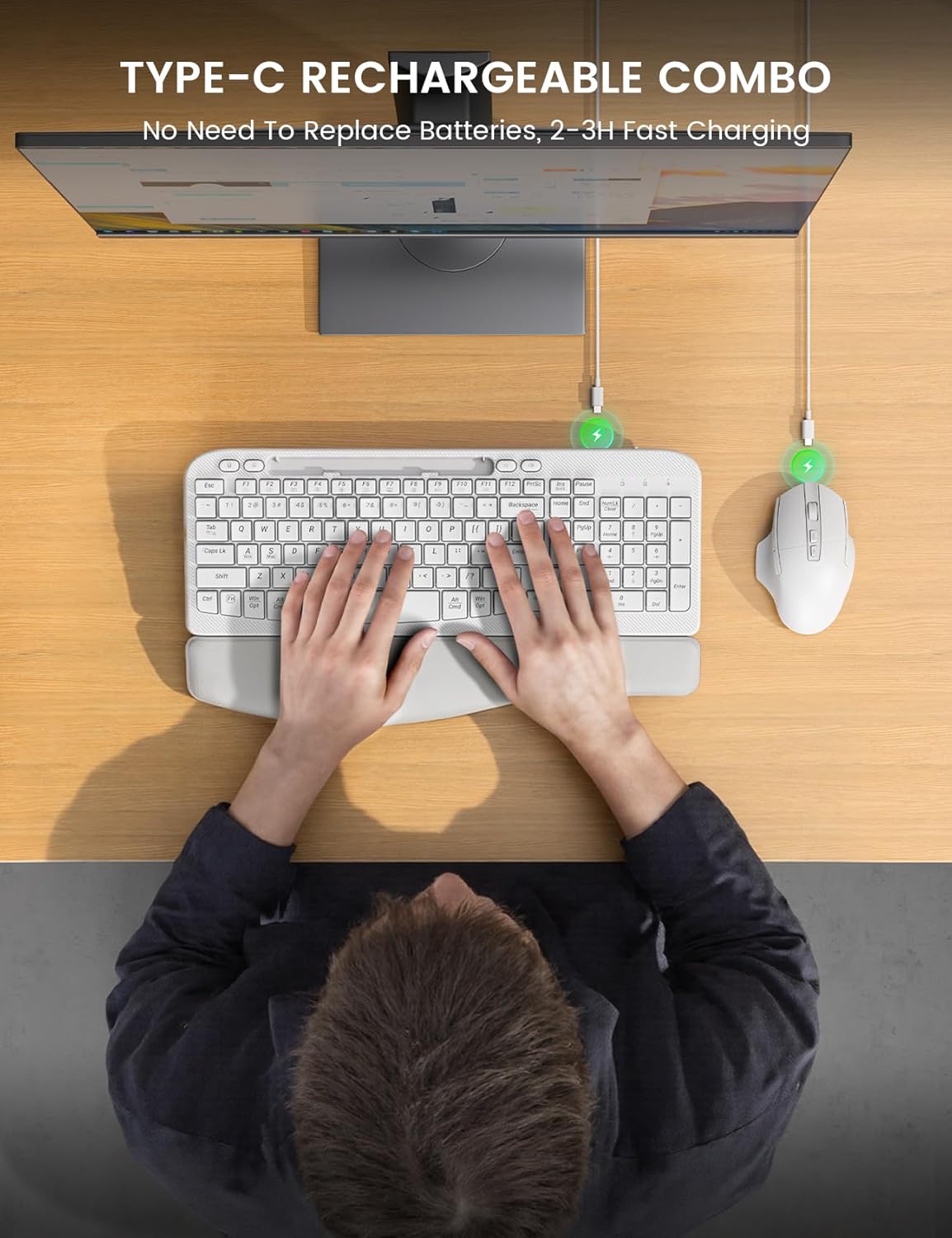 SABLUTE Wireless Keyboard and Mouse Combo, Ergonomic Wave Keys, Cushioned Palm Rest, Rechargeable, Phone Holder, Natural Typing, 2.4G Lag-Free, MA22 Plus Full Size Keyboards Set for Windows/Mac, White