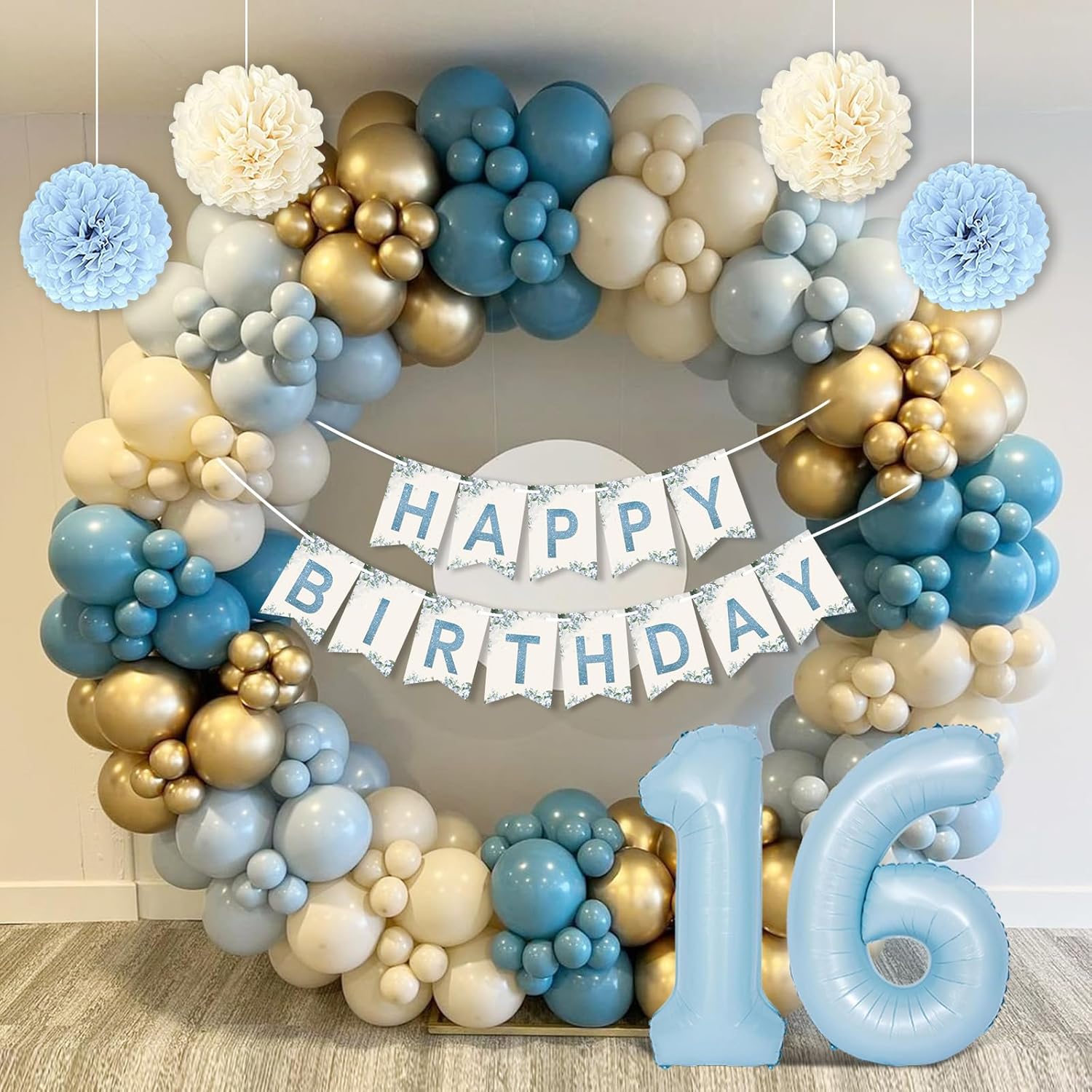 Sweet 16 Party Decorations, Light Blue 16th Birthday Decorations for Girls Boy 16th Happy Birthday Banner Tablecloth Fringe Curtain Cake Topper Paper Pom Poms for Girl Boys Sweet 16 Birthday Decor - Image 6