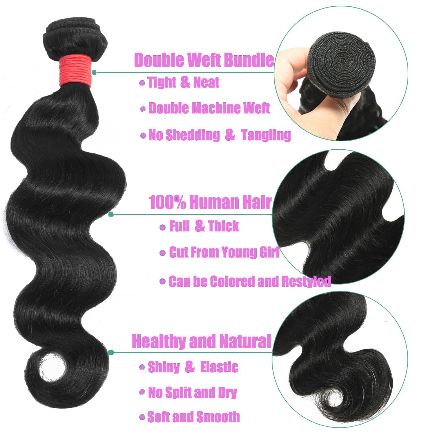 12A Body Wave Bundles Human Hair One Bundle 16 inch 100g 100% Unprocessed Brazilian Virgin Body Wave Human Hair Bundles for Women Natural Black