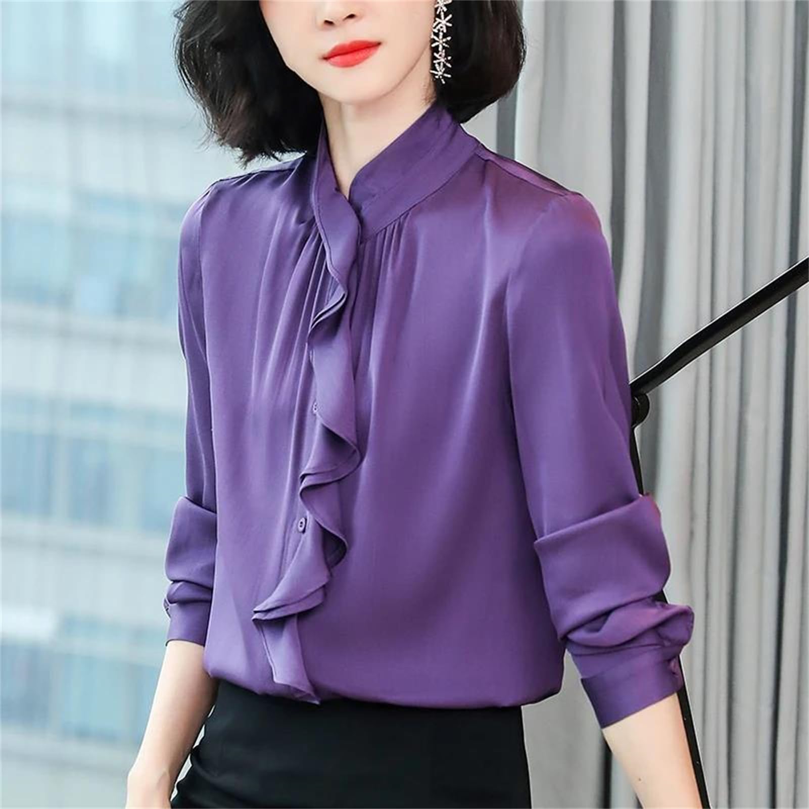 Camisas vintage para mujer, cuello alto, manga larga, blusa suelta de seda sólida