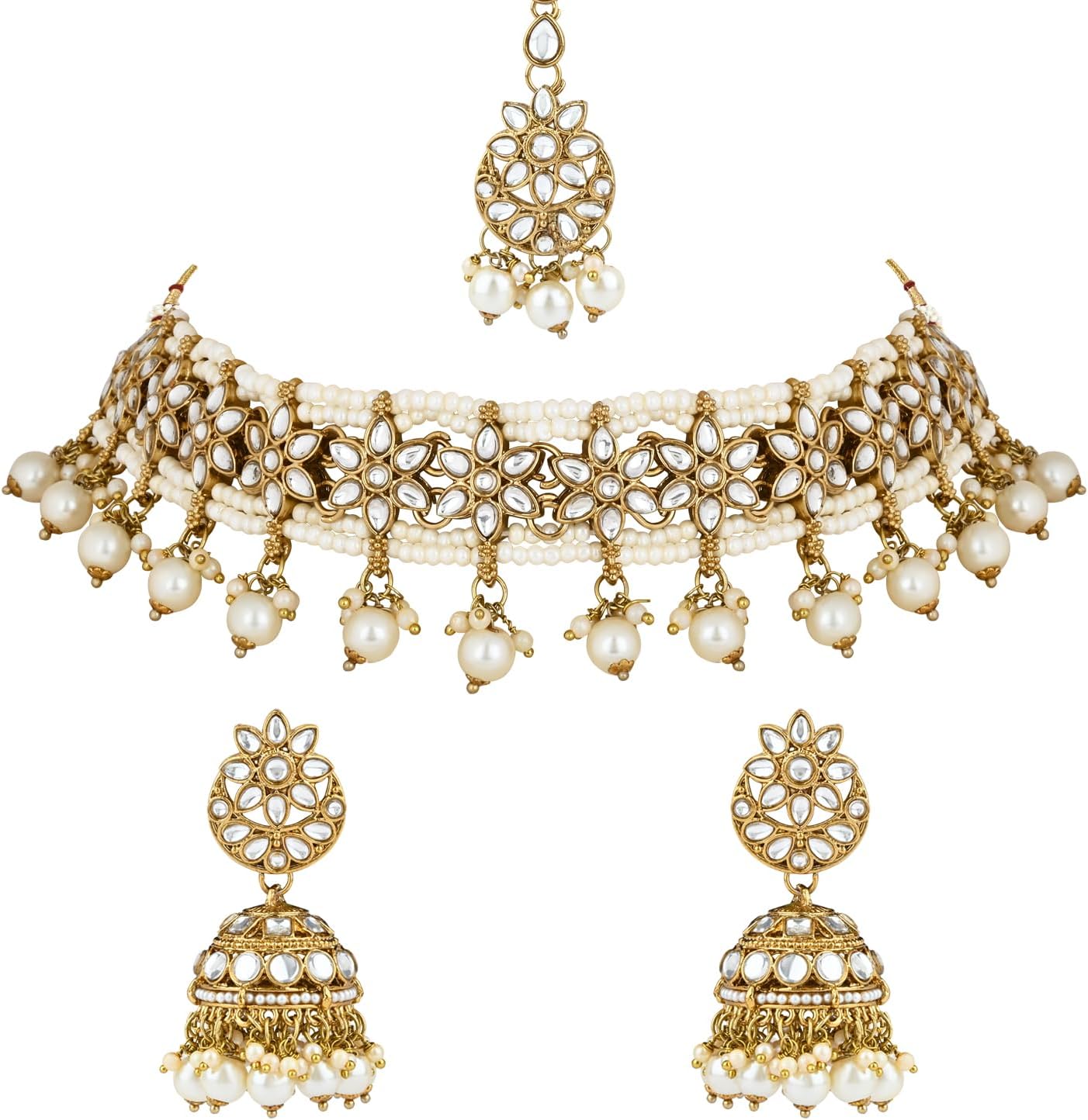 I Jewels Gold Plated Indian Wedding Bollywood Unique Design Multi layer Statement Handmade Choker Necklace Jewellery & Jhumka Earring Set For Women