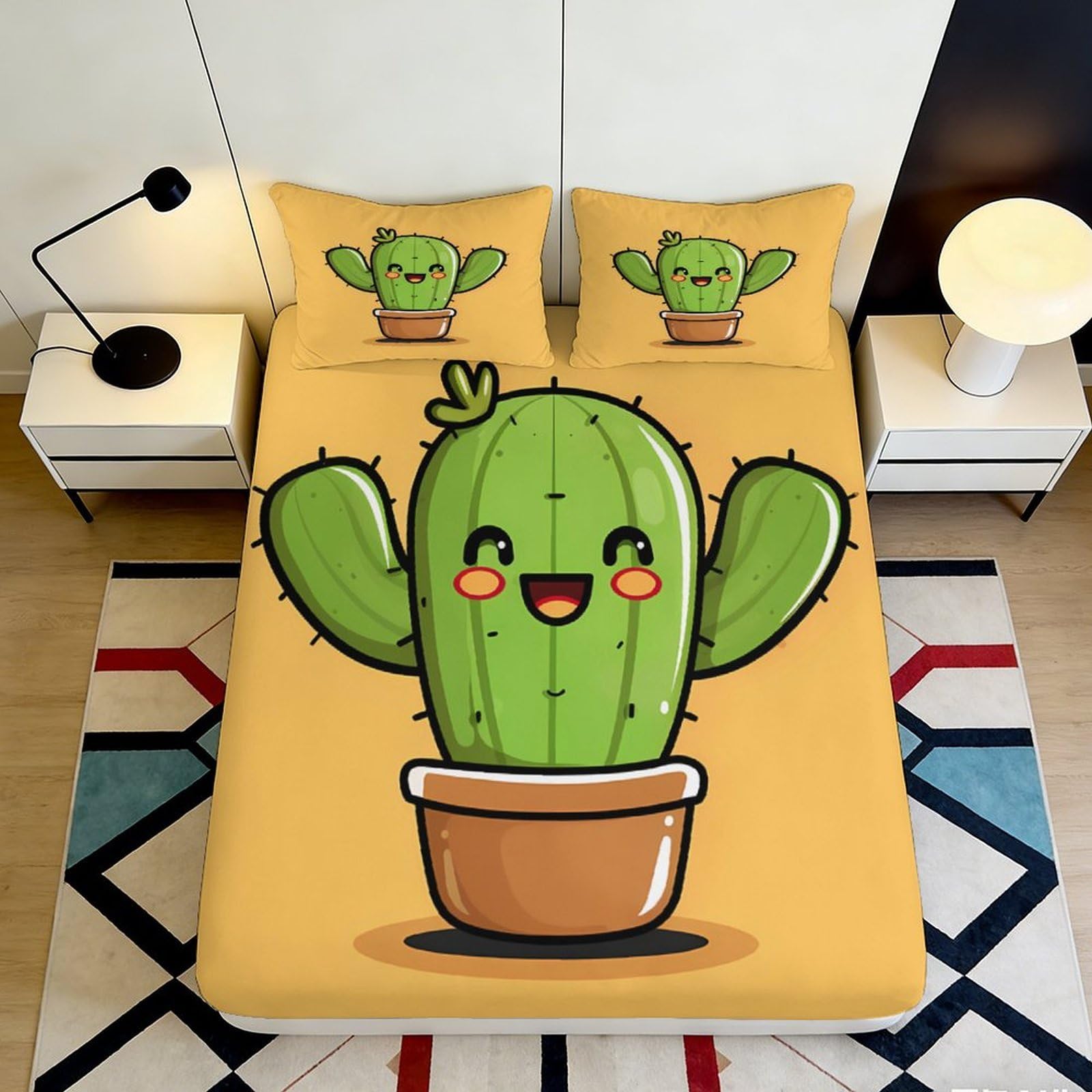 3D Printed Cartoon Cactus Fitted Sheet Microfiber Anti-Slip Yellow Plant Mattress Cover for Bedroom Dorm Mattress Protection Decor 90x200x25cm