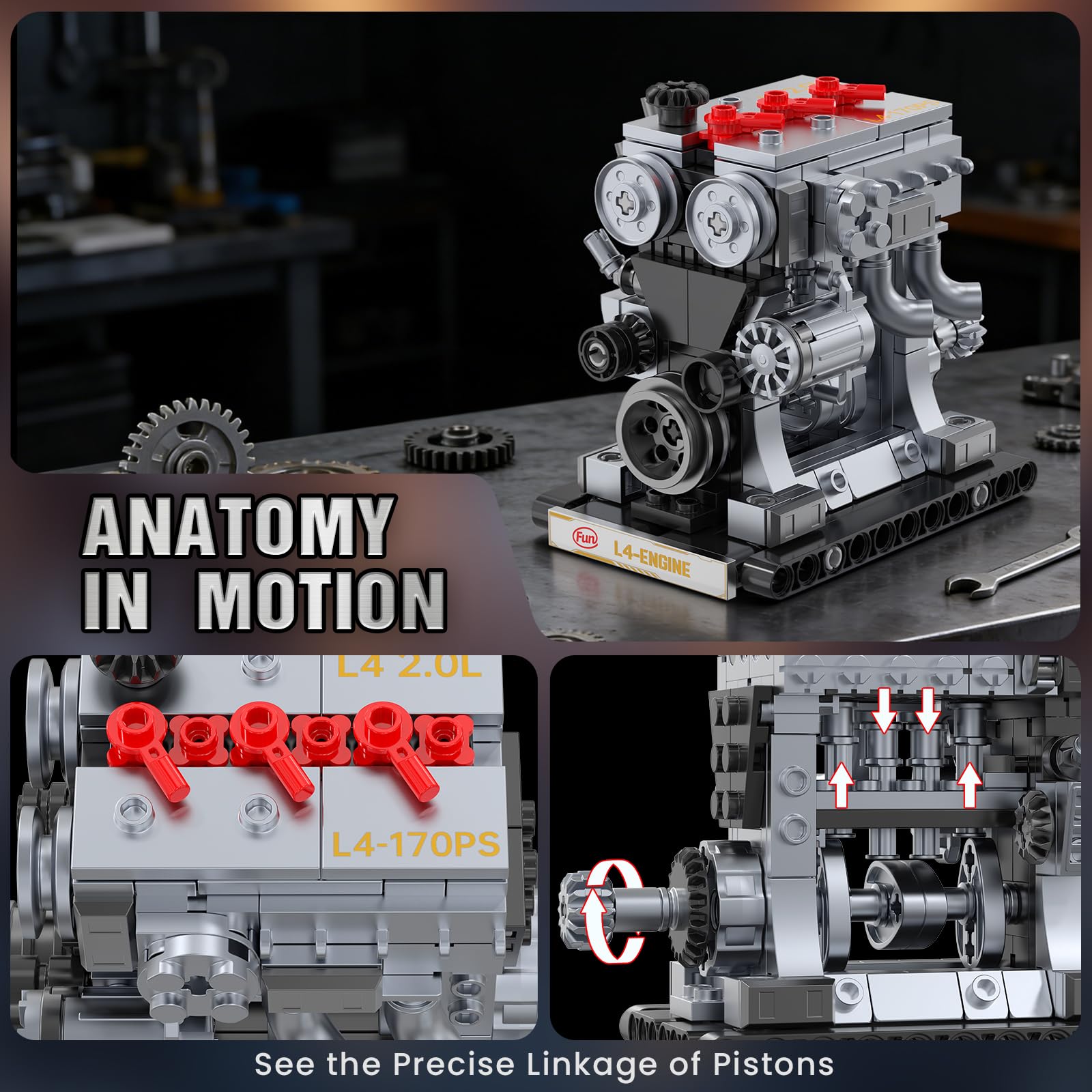 JMBricklayer Blocco da Costruzione Mini Motore 3-in-1 per Adulti da Costruire, Motore Modello V6 B4 L4 che Funziona, Giocattolo Meccanico in Mattoncini STEM, Decorazione per Ufficio e Casa, Regali