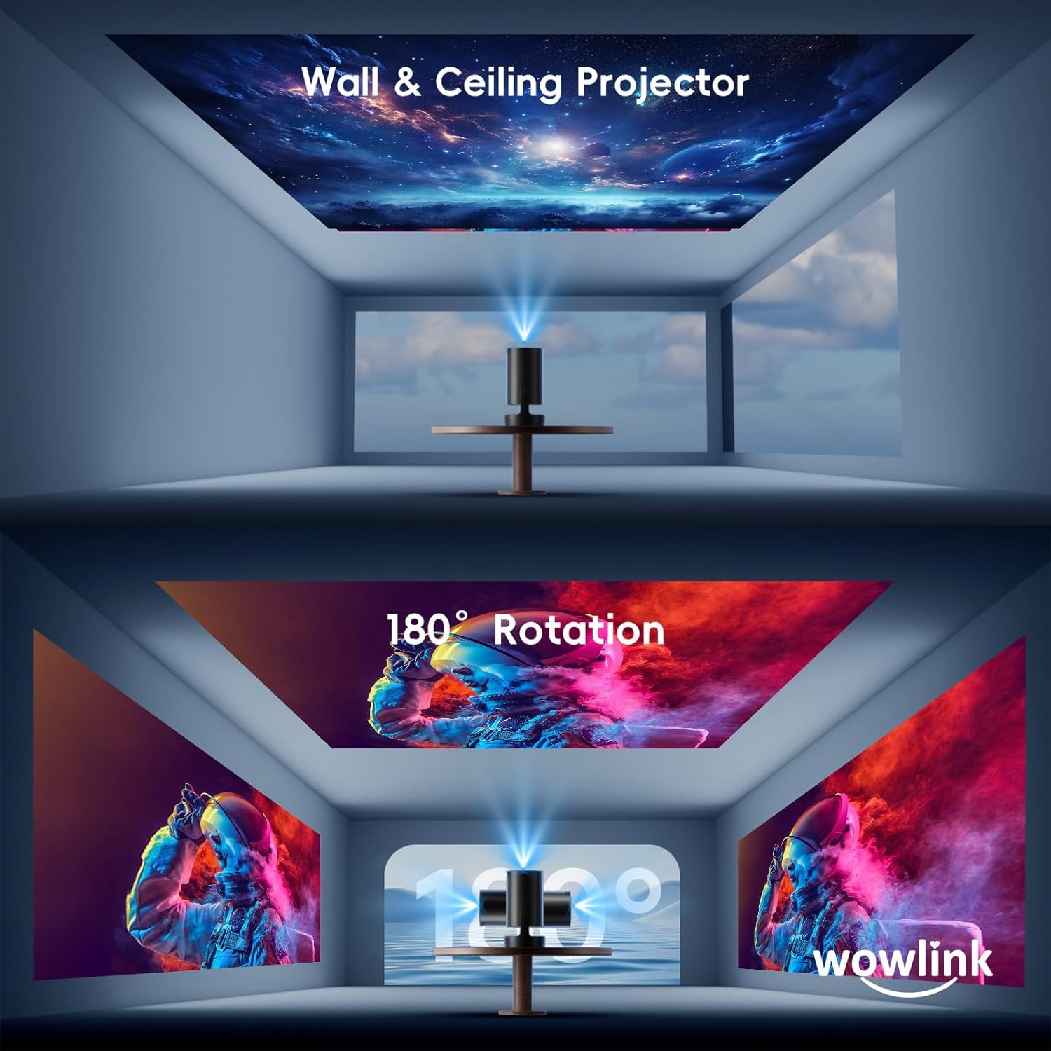 wowlink W210 Mini Projector showing 180 degree rotation for wall and ceiling projection