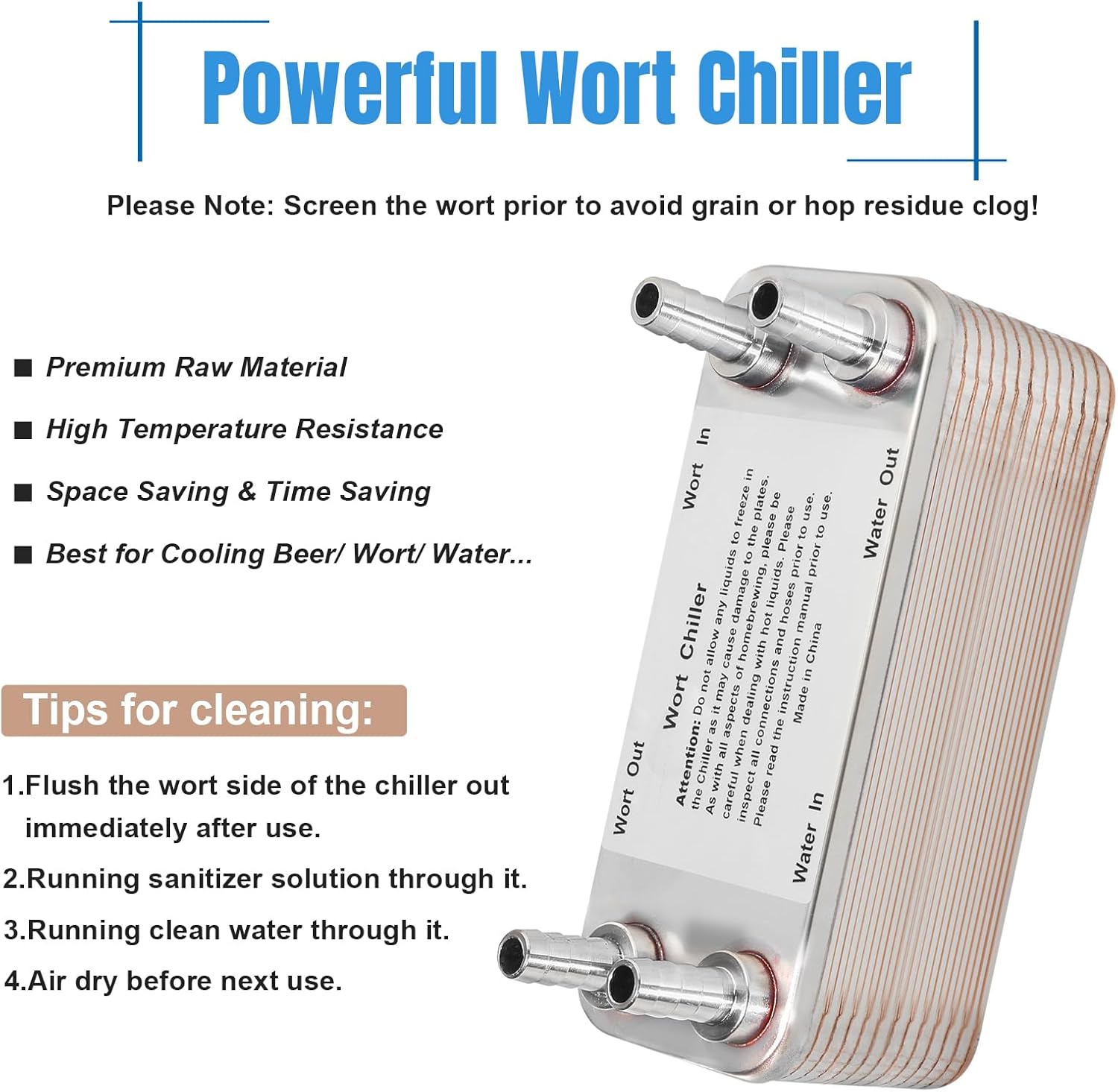 30 Plate Wort Chiller, 1/2 Barb Fitting Homebrew Plate Wort Chiller, Stainless Steel Brazed Plate Heat Exchanger, Beer Chiller Wort Cooler Heat Exchanger For Brewing-7.5" x 2.9"