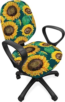 Lunarable Sunflower Office Chair Slipcover, Watercolor Heliantus Pattern Detailed Petals and Leaves Floral Design, Protective Stretch Decorative Fabric Cover, Standard Size, Marigold Brown