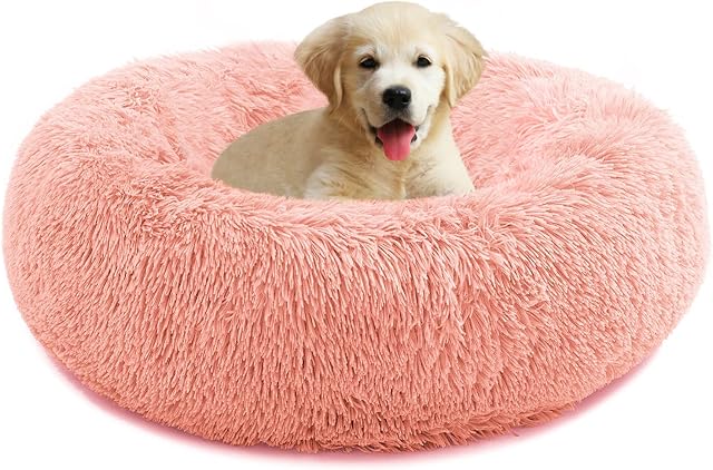 YOJOGEE Calming Donut Dog Bed for Medium Small Dogs Cats, Fluffy Anti Anxiety Dog Beds Washable Puppy Bed Non-Slip Plush Cuddler Warming Round Faux Fur Pet Bed