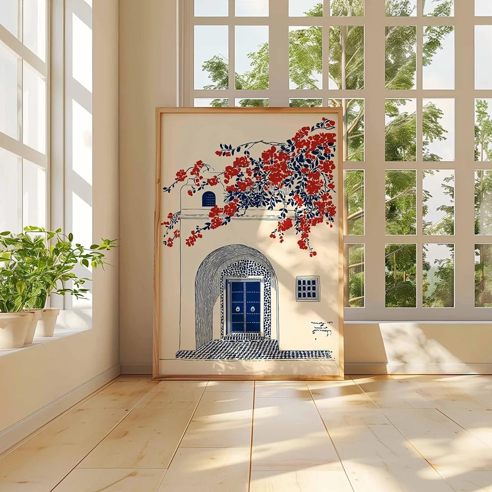 Póster mural de puerta azul marroquí con arquitectura mediterránea estilo boho con flores rojas para decoración del hogar y sala de estar (30x45cm/marco interno)