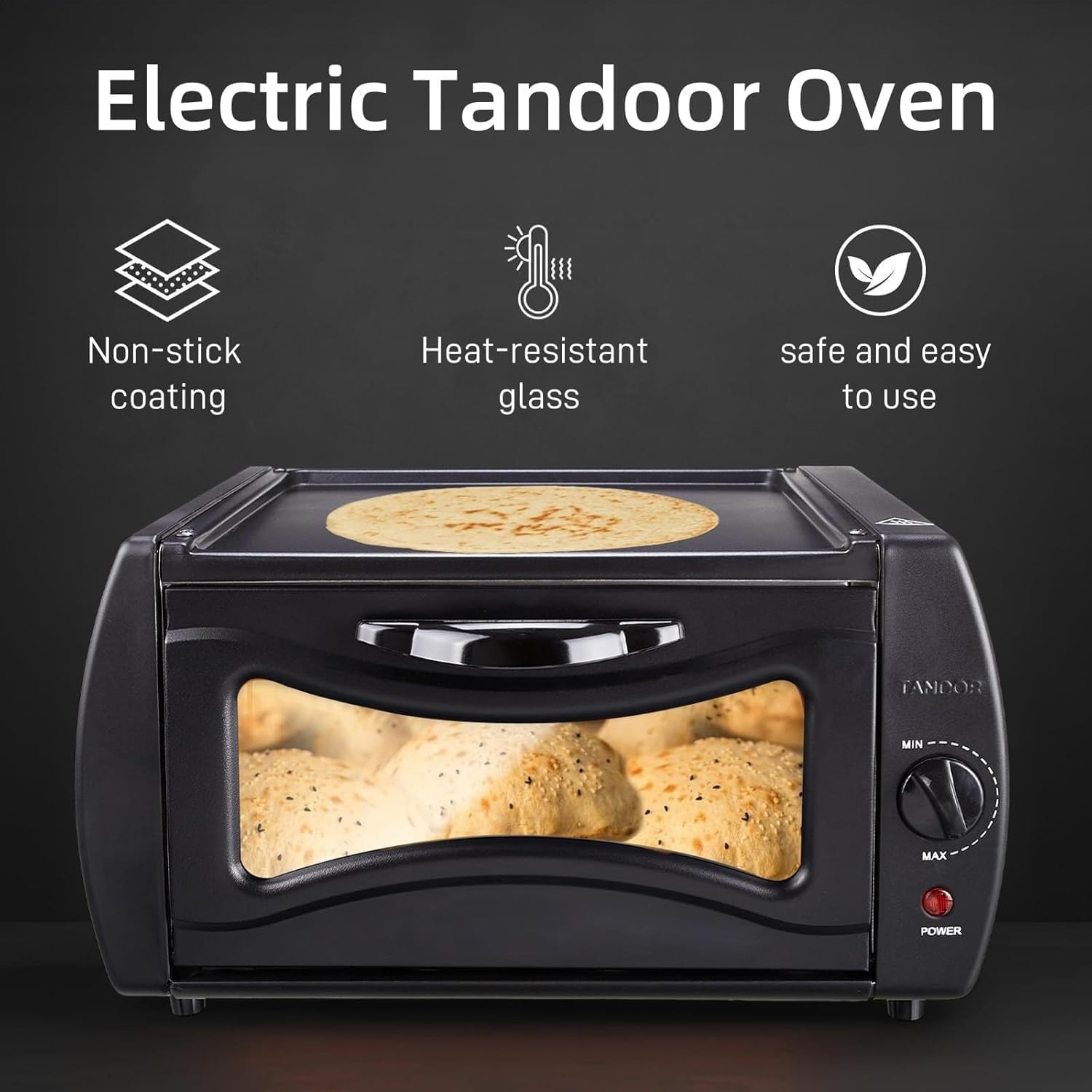 1500W Electric Pizza Oven, 15L Countertop Tandoor Bread Maker, 50-400℃ Adjustable Temperature, Includes Bake Tray, Rack and Handle, for Chapati Roti Lahmacun Manakish Naan