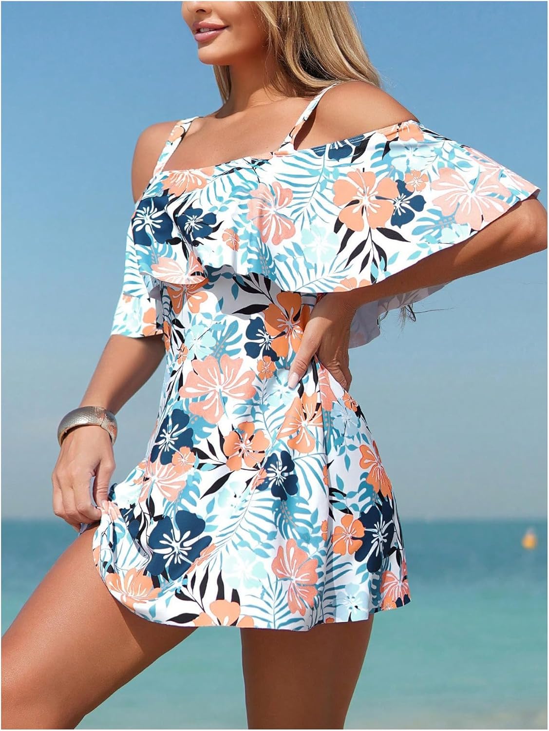 Floerns Women's 2 Piece Bikini Sets Floral Cold Shoulder Ruffle Swim Dress with Thong Bathing Suit
