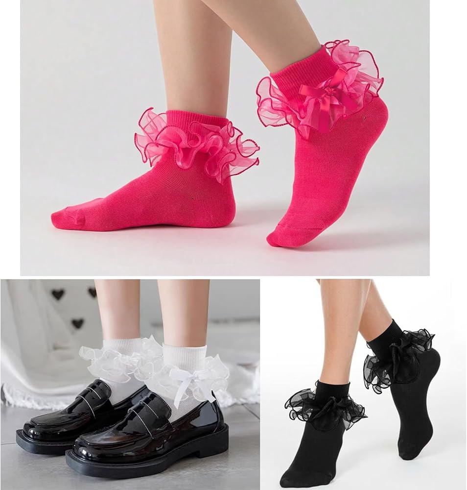 Amazon.com: MKYSZLT Women Big Ruffle Ankle Socks Double Lace Frilly Dress  Socks with Bow Cute Crew Turn Cuff 80s Fancy Bobby Bride Sock (US, Numeric,  6, 9, Regular, Regular, 3 pairs -