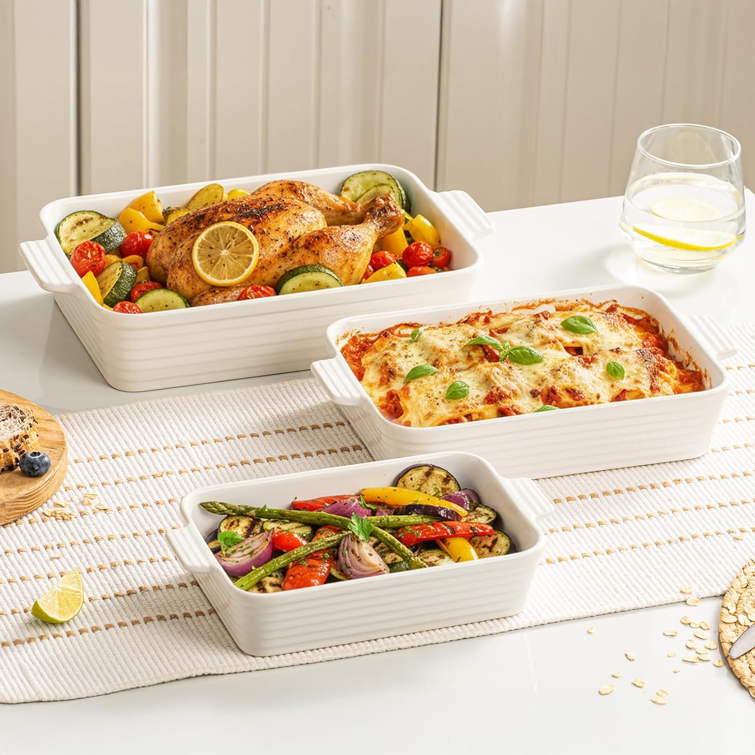 Jassceram Ceramic Baking Dishes Set of 3 with Handles, Deep Rectangular Porcelain Casserole Pans for Oven, Lasagna Bakeware 9.6–13.1 Inch, Stackable Nesting Design, Oven Safe, White