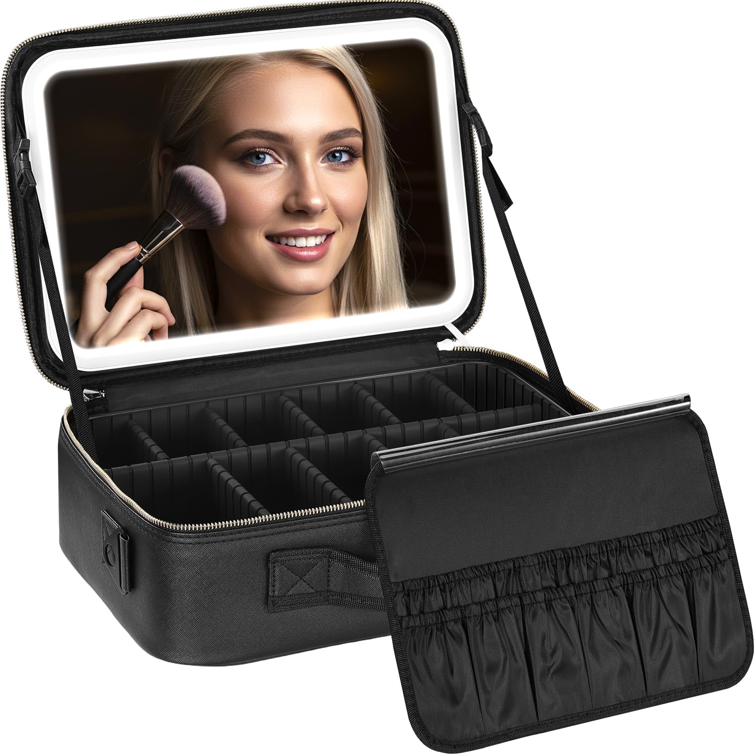 IPOW Travel Makeup Bag with LED Mirror, 3 Adjustable...