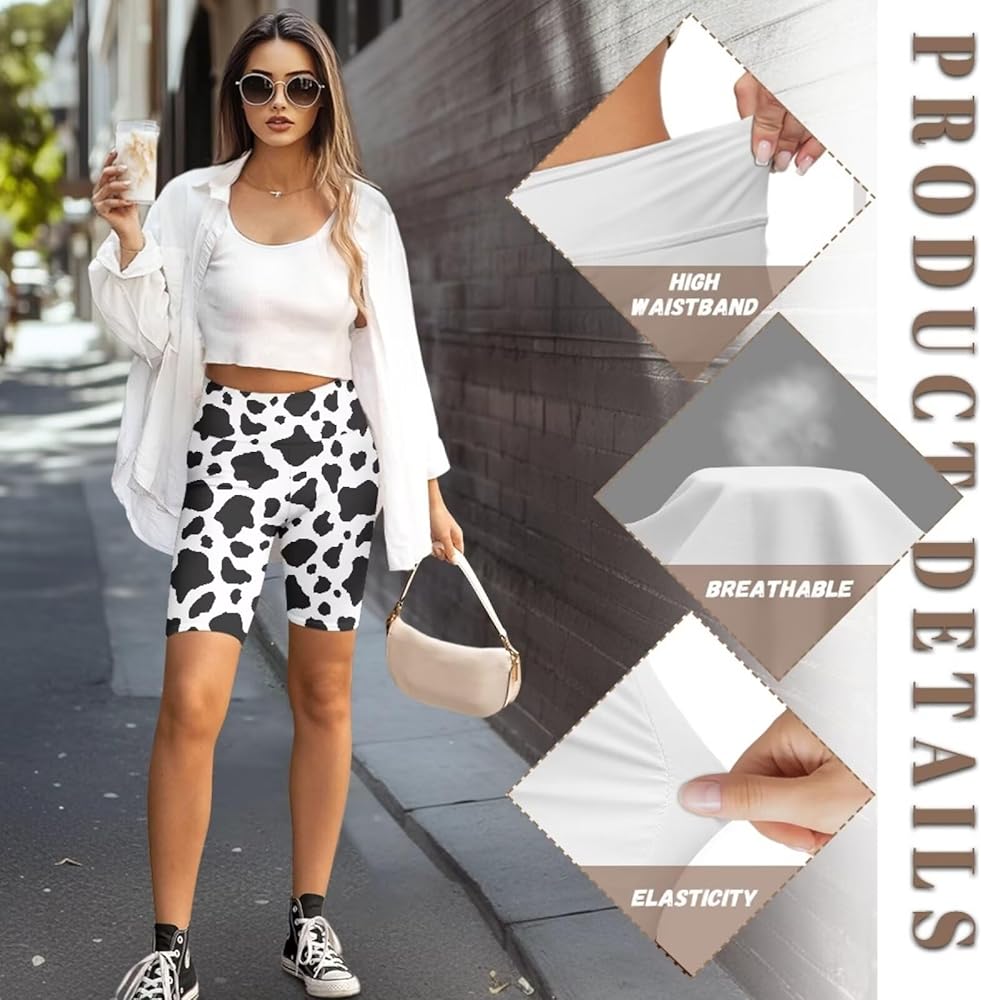BIGCARJOB Black Cow Print High Waisted Biker Shorts for Women