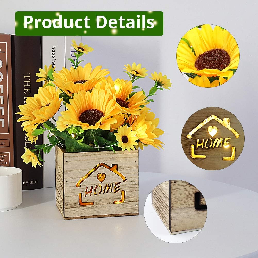 AceList 2 Pcs Sunflower Decor with Led Lights in Wooden Box, Artificial Sunflowers Pot, Artificial Sunflower with Vase for Home Office Desk Kitchen Decoration, Valentine's Day/Mother's Day