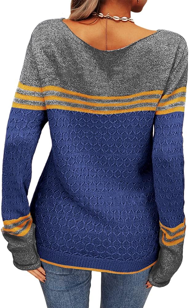 Danedvi Womens Fall Fashion 2025 Sweaters Colorblock Lightweight Striped Crewneck Winter Trendy Pullover Tops - Image 4