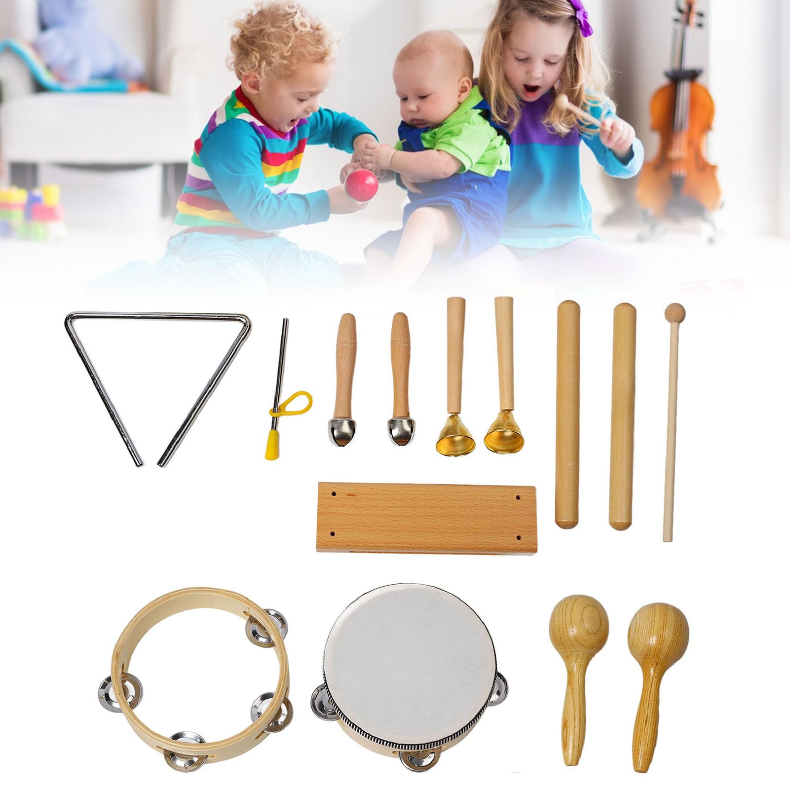 Orff Set di strumenti Percussioni musicali Scuola materna Strumenti per l'apprendimento precoce Sussidi didattici Kit completo di materiali in legno e ferro Kit da 8 pezzi con