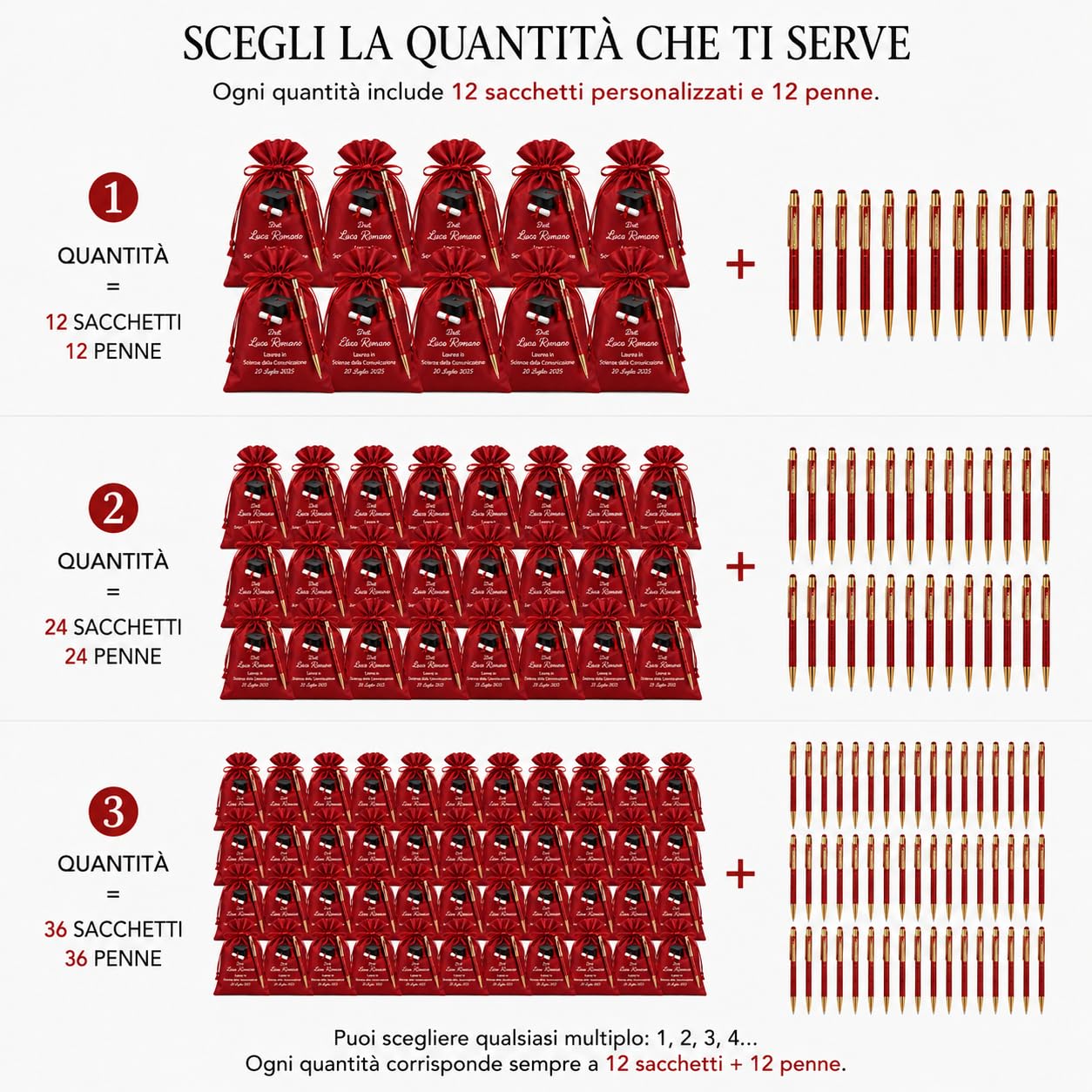 Cormar Kit Bomboniere Laurea Personalizzate, Rosso, 12 Sacchetti in Raso con 12 Penne Personalizzate, Nome, Facoltà e Data (STILE 3)