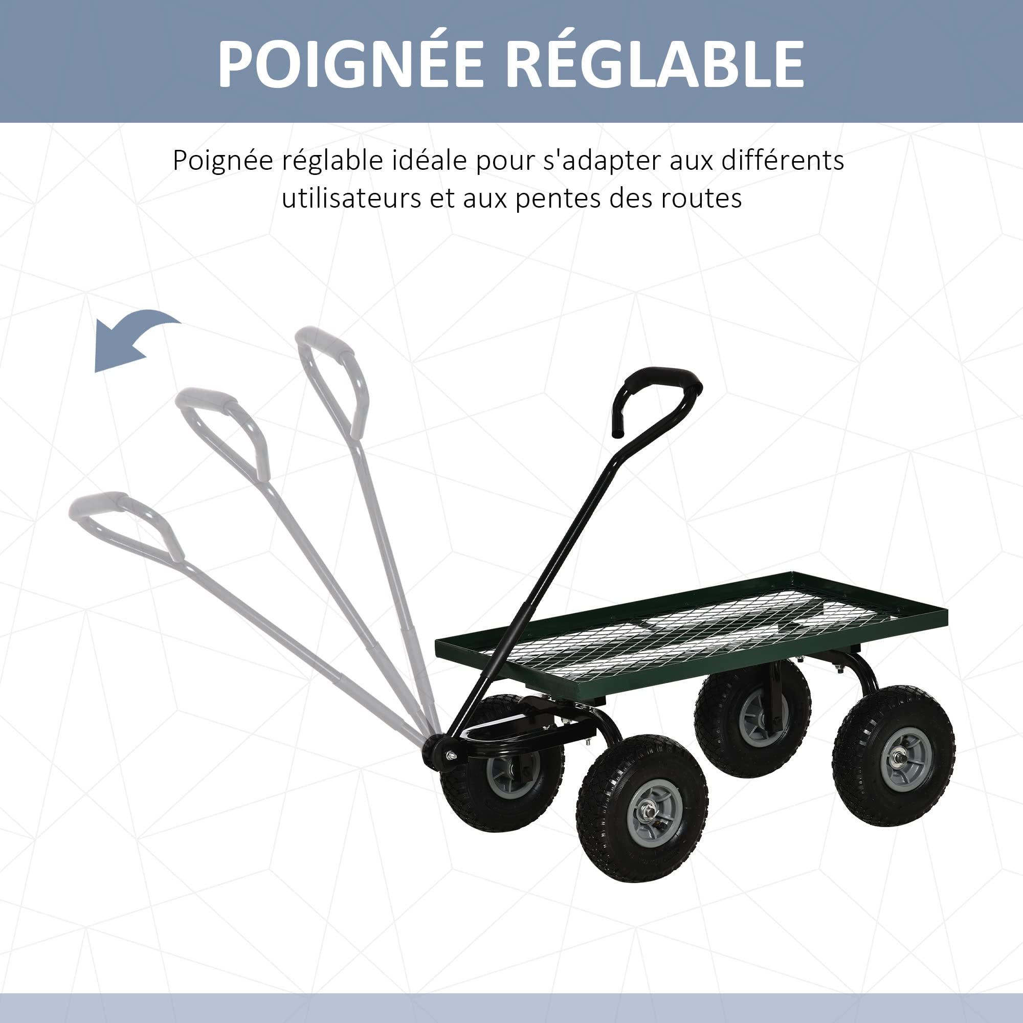 Outsunny Chariot de Transport Jardin remorque à Main charrette à Bras 4 Roues 94L x 48,5l x 100H cm Charge Max. 150 Kg métal Vert