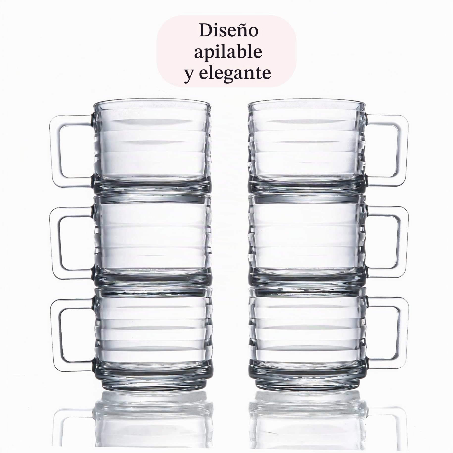 Juego de 6 Tazas de Vidrio Apilables para Café, Capuchino y Te - Vasos Totalmente Templados Con Asas para Bebidas Calientes (250 cc/8,5 oz)