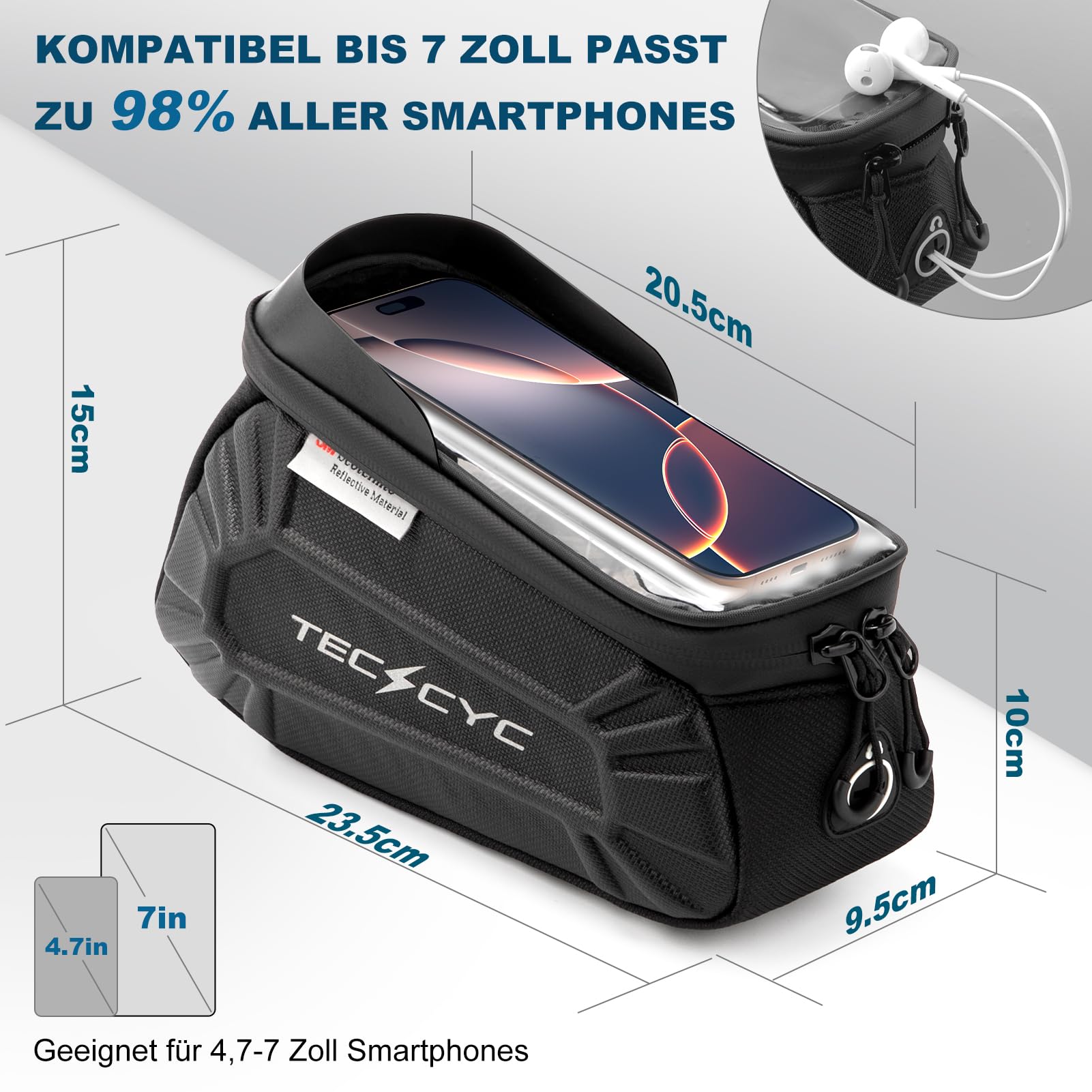 TECHCYC Rahmentasche Fahrrad wasserdicht TPU Touchscreen - Fahrradtasche Rahmen bis 7 Zoll Handy, Reflektierende Oberrohrtasche für MTB, Rennrad, E-Bike & Gravelbike, Bikepacking Zubehör