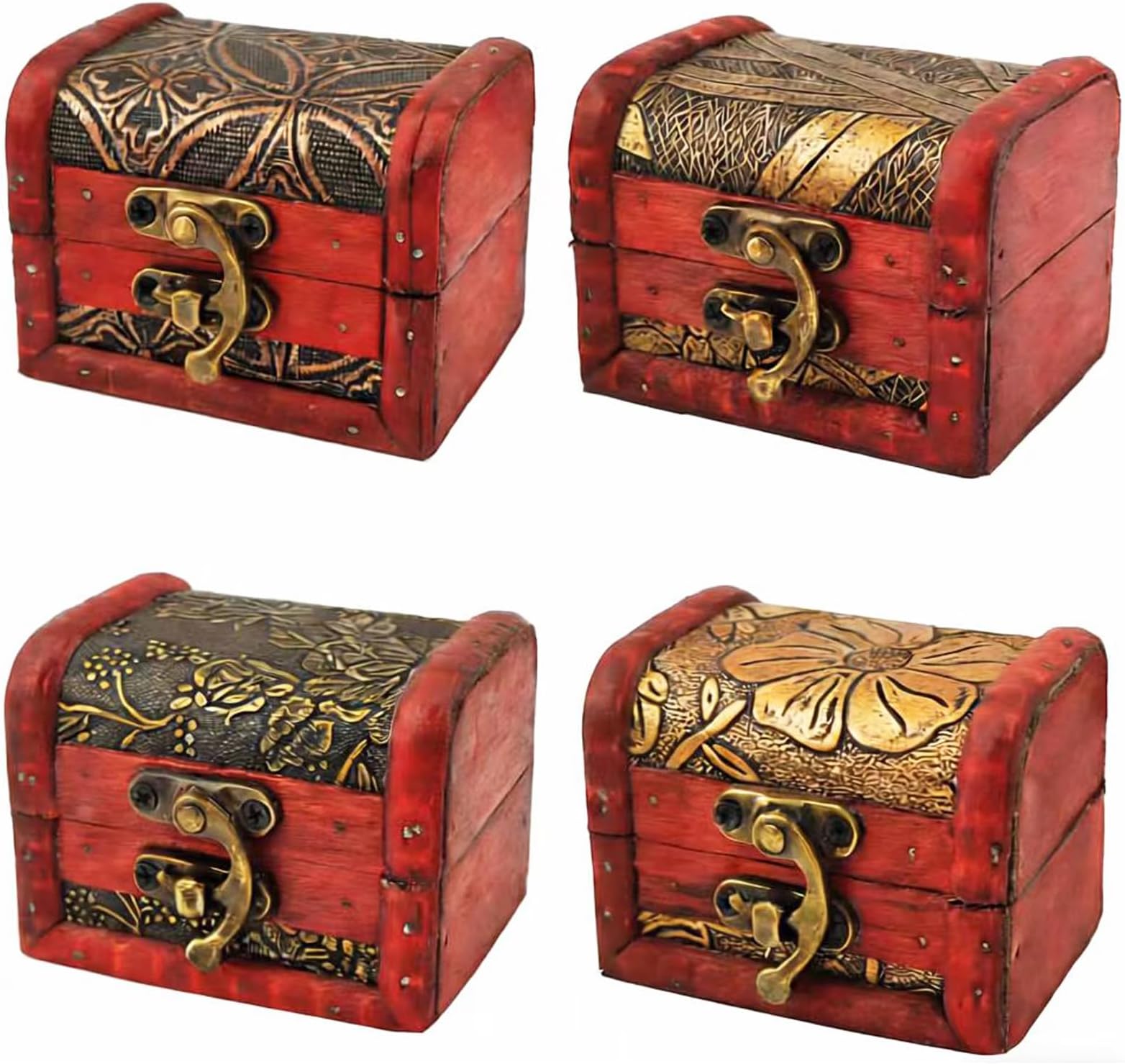 Markeny 4 Styles Pattern Wooden Rings Case Box Little Treasure Chest Vintage Handmade Box with Mini Metal Lock for Storing Jewelry Treasure Pearl