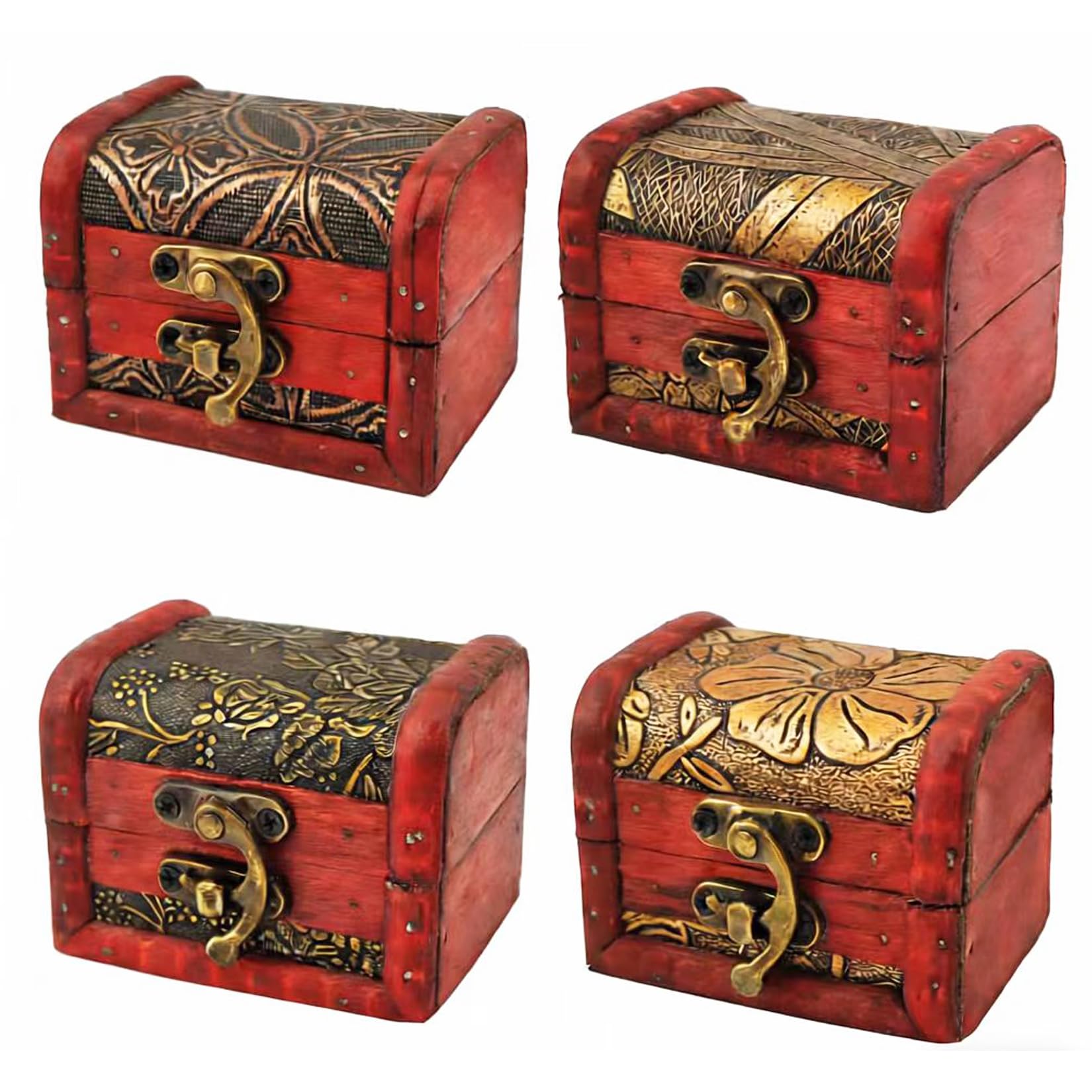 Markeny 4 Styles Pattern Wooden Rings Case Box Little Treasure Chest Vintage Handmade Box with Mini Metal Lock for Storing Jewelry Treasure Pearl