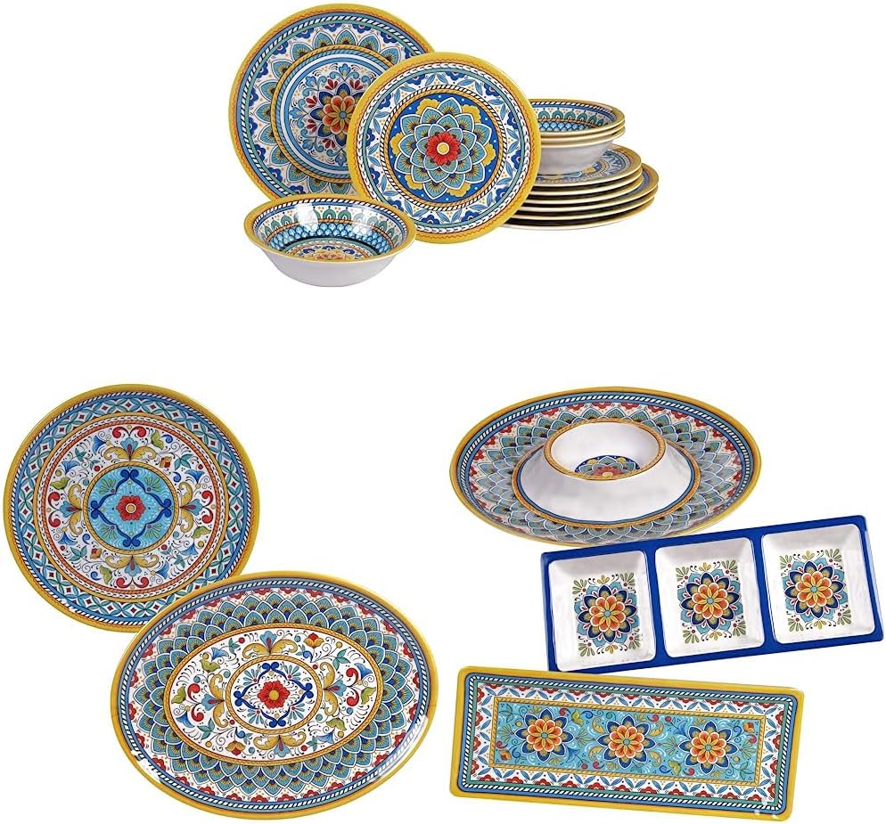 Certified International Portofino 12 Piece Melamine Dinnerware Set & Portofino 2 Piece Melamine Platter Set, Multi Colored, Large & Portofino 3 Piece Melamine Hostess Set, Multi Colored