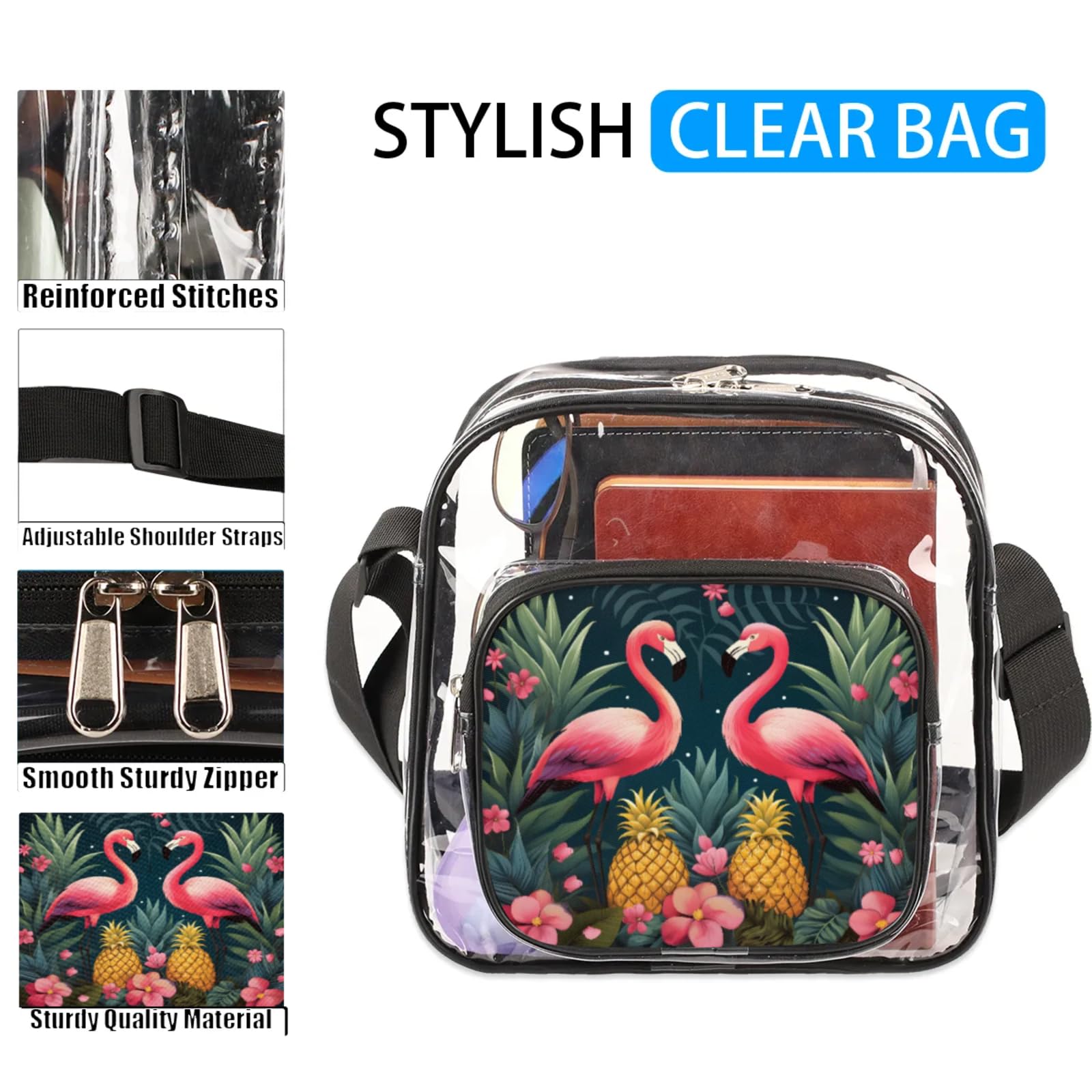 Clear Crossbody Bag Stadium Approved Birds Flamingo Transparent Bag for Festivals, Sports Events, Concerts,Beach Bag for Women Men Bird Clear Purse with Front Pocket Messenger Bag