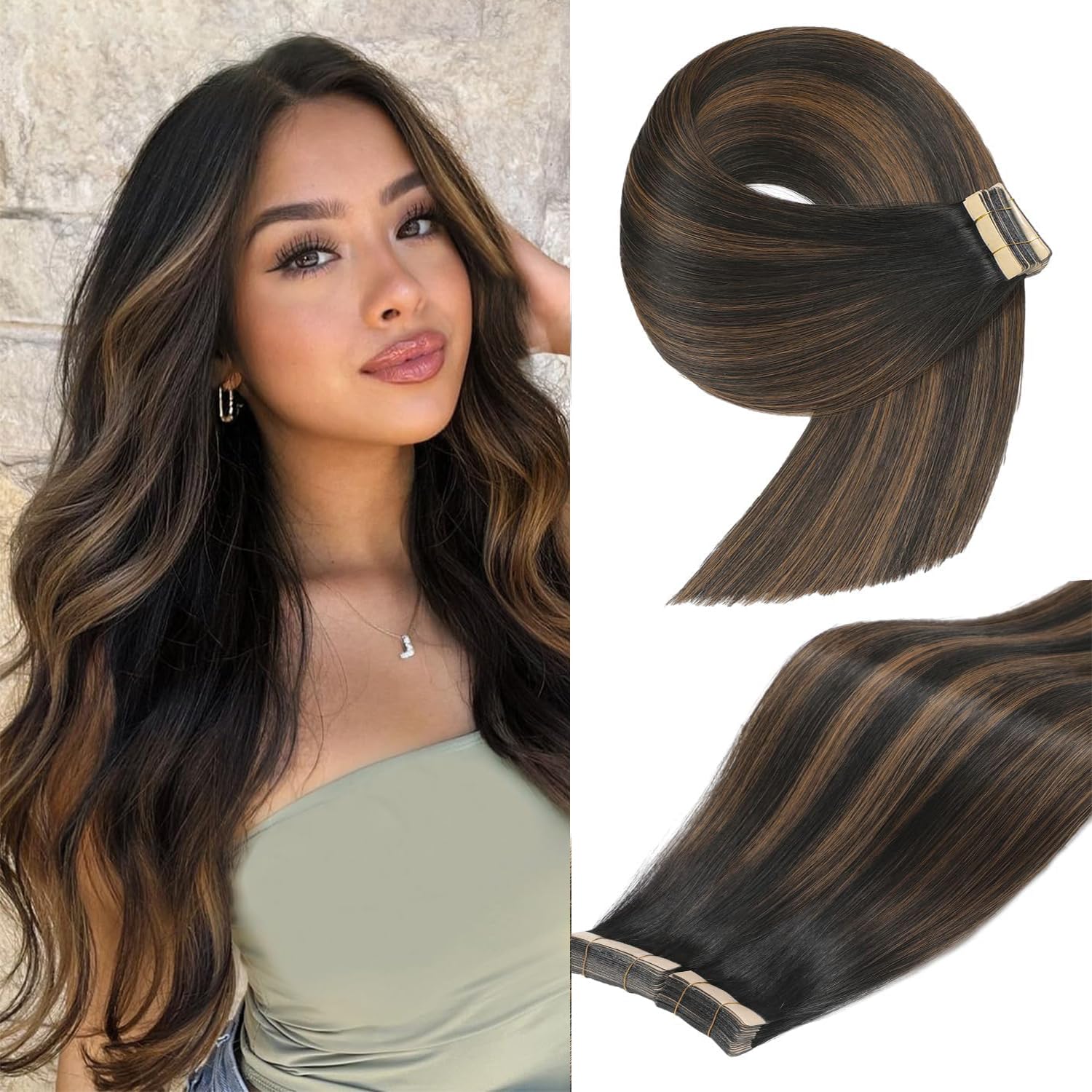 YDDM Extensiones de pelo humano con cinta adhesiva, 20 unidades, 60 cm, 50 g, color marrón claro con rubio dorado — view 6