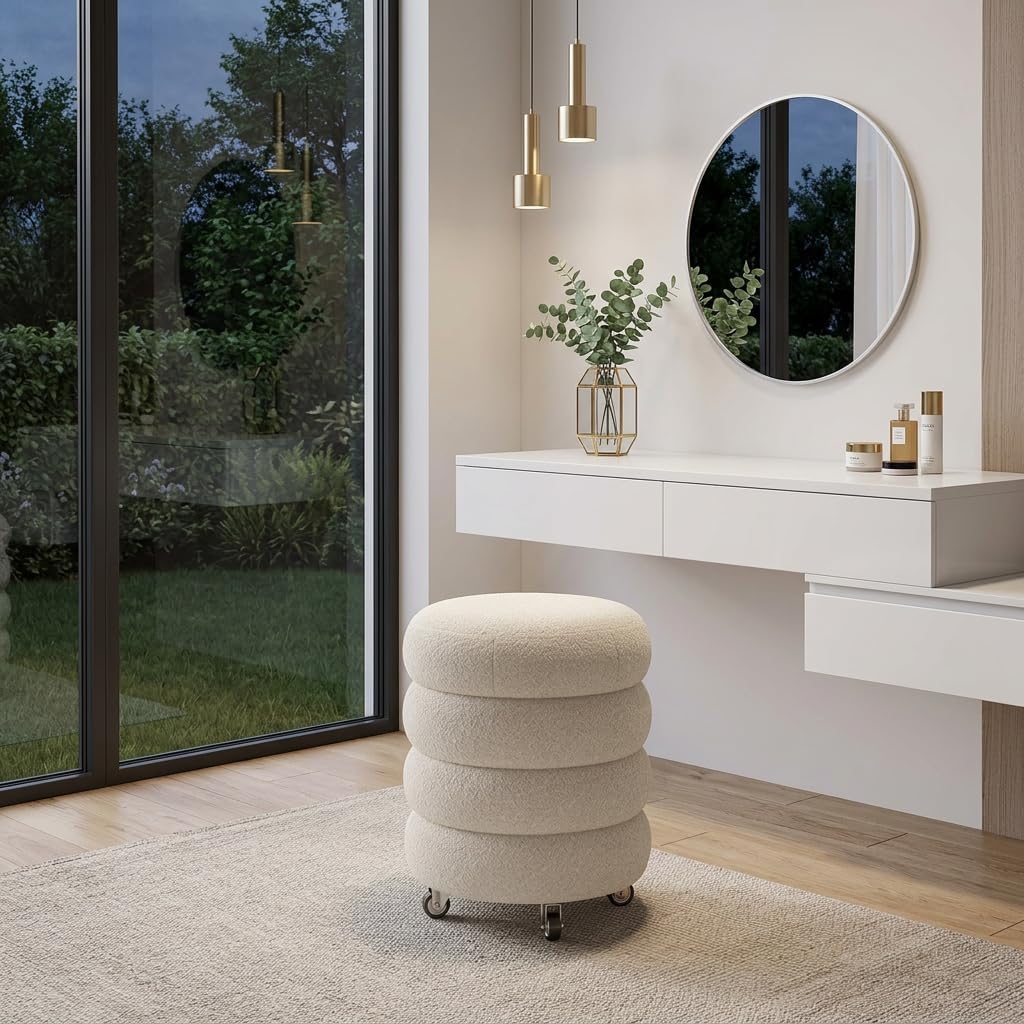 Round Vanity Ottoman, 360° Swivel Makeup Chair with Wheel, Modern Multifunctional Vanity Stool for Makeup, Small Accent Stool for Bedroom, Dressing, Living Room, White (No Assembly)