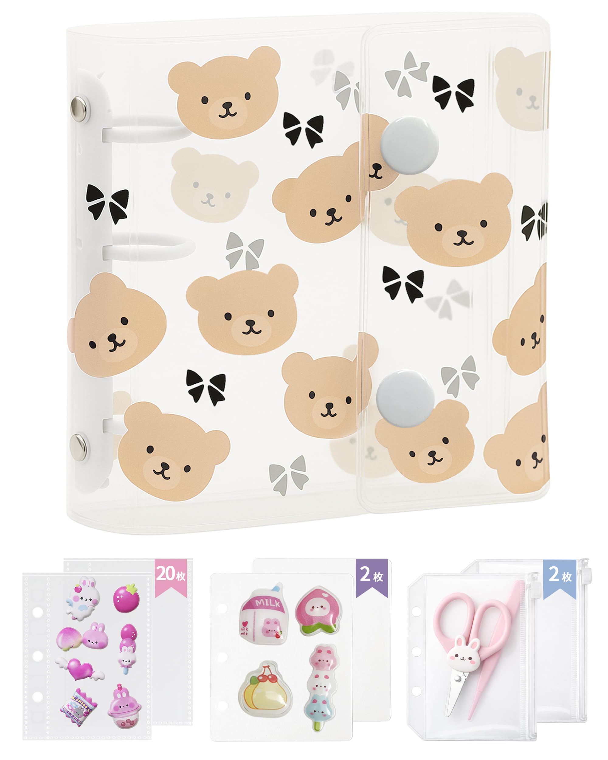 GOKEI シール帳 プラバン ミニ バインダー 透明 A8サイズ【バインダー本体 リフィル×20枚 チャック付きボケット×2枚 下敷き×2枚】PPシート カードポケット 女の子 くまちゃん-ベージュ