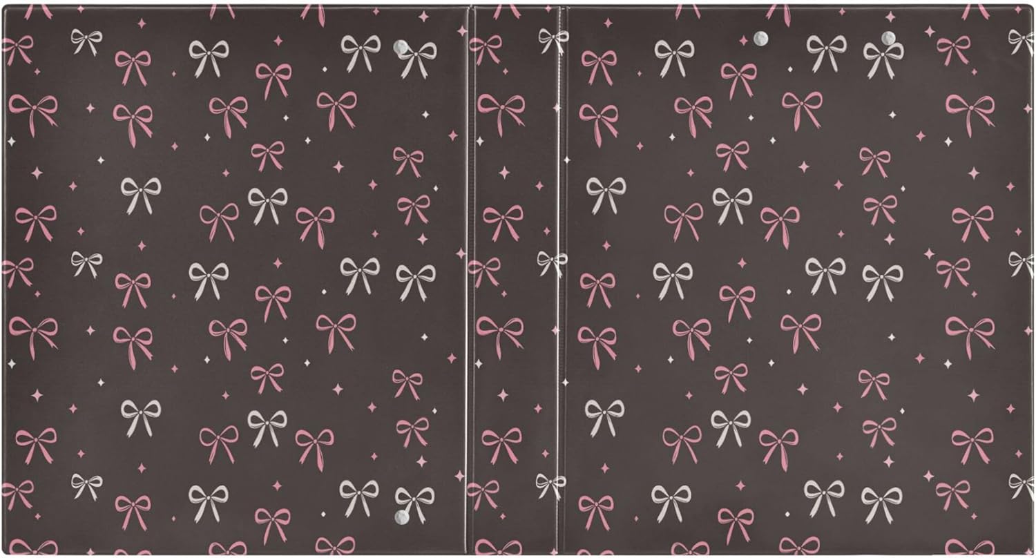 Pink Bow Knot Ribbon Cute Round Ring Binders 1.5 Inch Black White Polka Dot 3 Ring Clipboard Binder for Office School Work Supplies File Folder Document 200 Sheet Capacity Easy Open