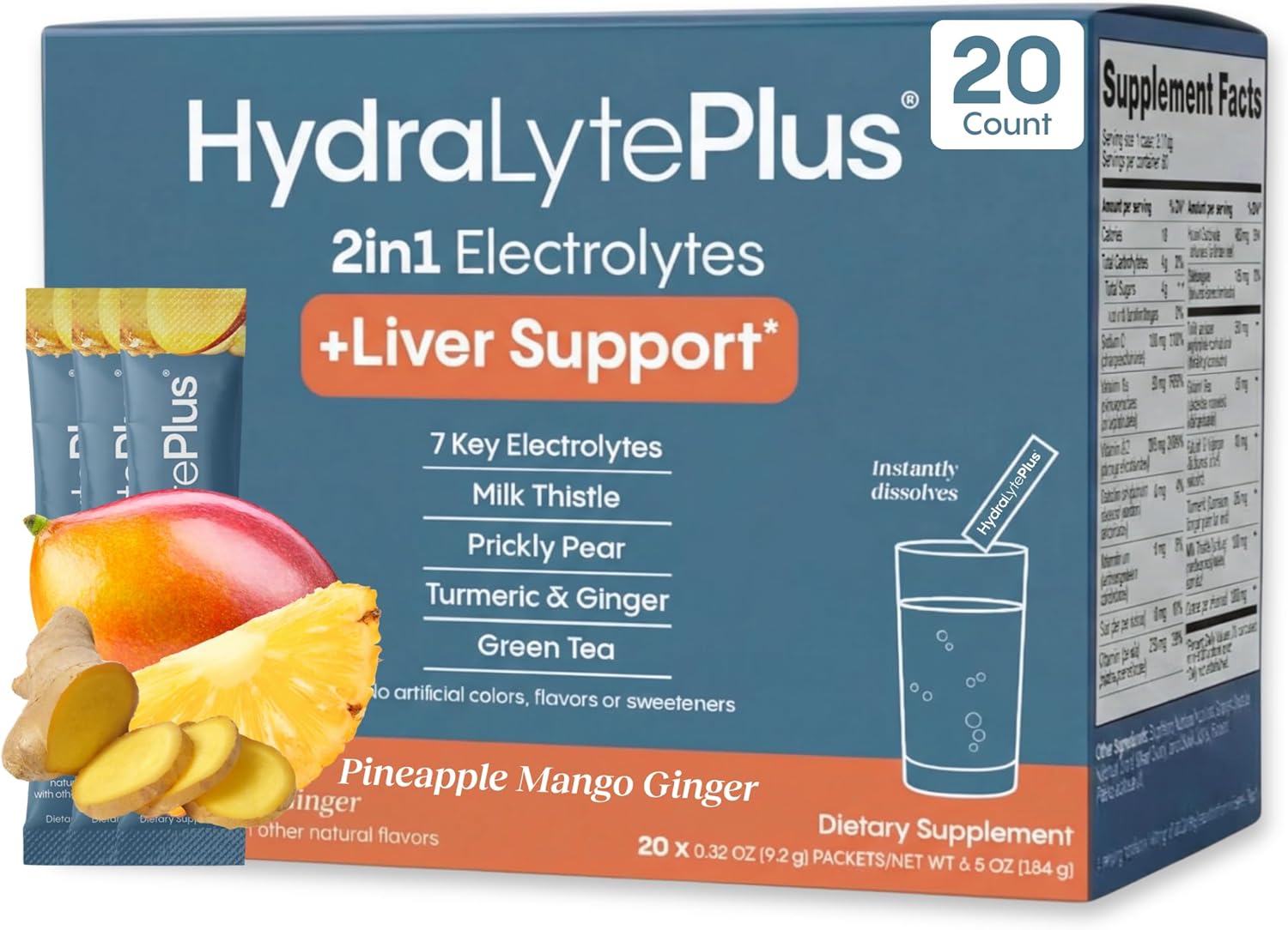 Hydralyte Liver Support + Electrolyte Mix with Milk Thistle, Turmeric, Ginger, Prickly Pear, Green Tea Extract Formulated for Rapid Rehydration (Pineapple Mango Ginger, 20 Packets)