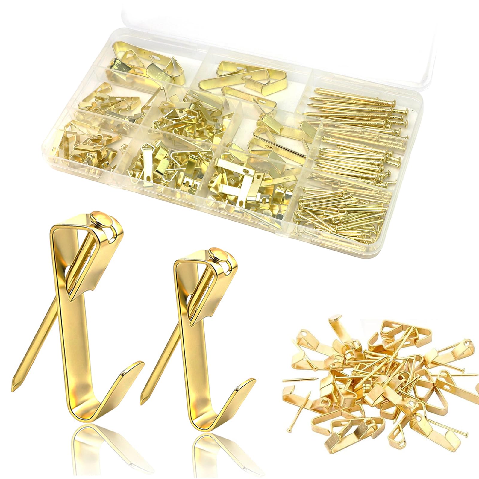 Xixuanai Gold 200Pcs Picture Hanging Kit, 10Lb, 20Lb, 30Lb, 50Lb, 100Lb Heavy Duty Picture Hooks, En Photograph Hooks And Nails, Frame Hanging Kit For Mirrors, Photos, Clocks, Decor, Paintings