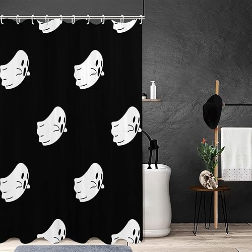 Miniatura 3 de JOOCAR Divertida cortina de ducha de fantasma blanco lindo Halloween espeluznante diablo sobre negro, juego de cortina de ducha duradera con 12