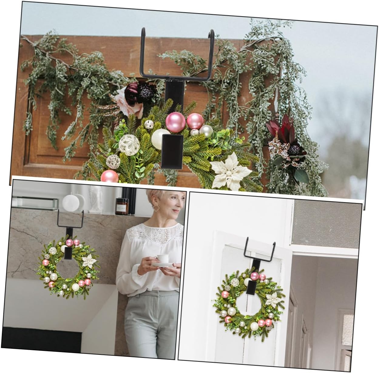 Alipis 4pcs Black Metal Wreath Hangers Heavy Duty Over The Door Hooks for Christmas Halloween Front Door Garland Display